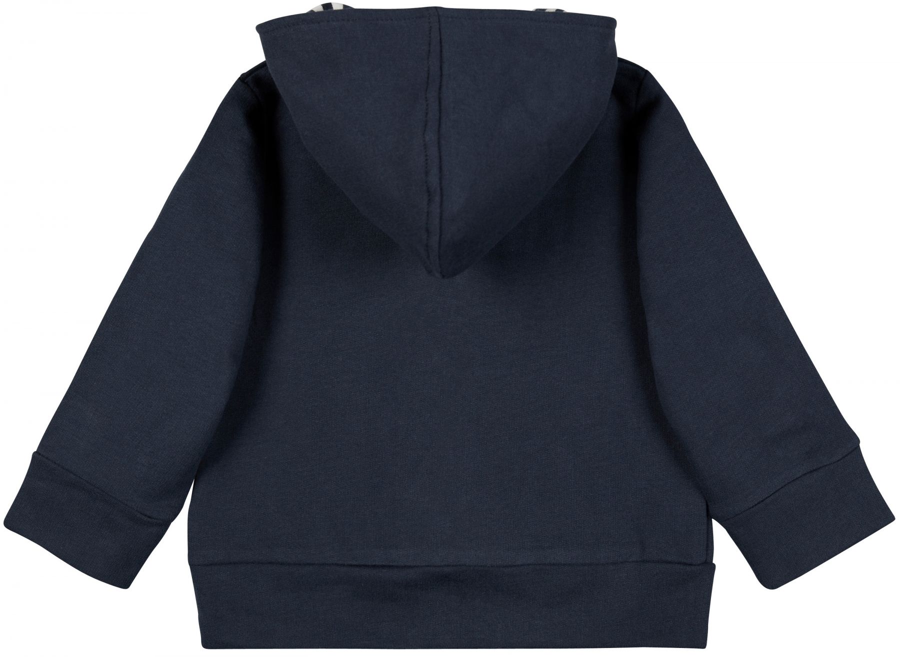 Rückansicht einer dunkelblauen Kapuzenjacke. Kapuze mit Streifenmuster innen. Gerippter Saum und Ärmel.
