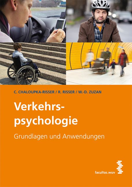Buchcover: Verkehrspsychologie. Titel in Weiß auf orangefarbenem Hintergrund. Autorennamen und Logo unten.