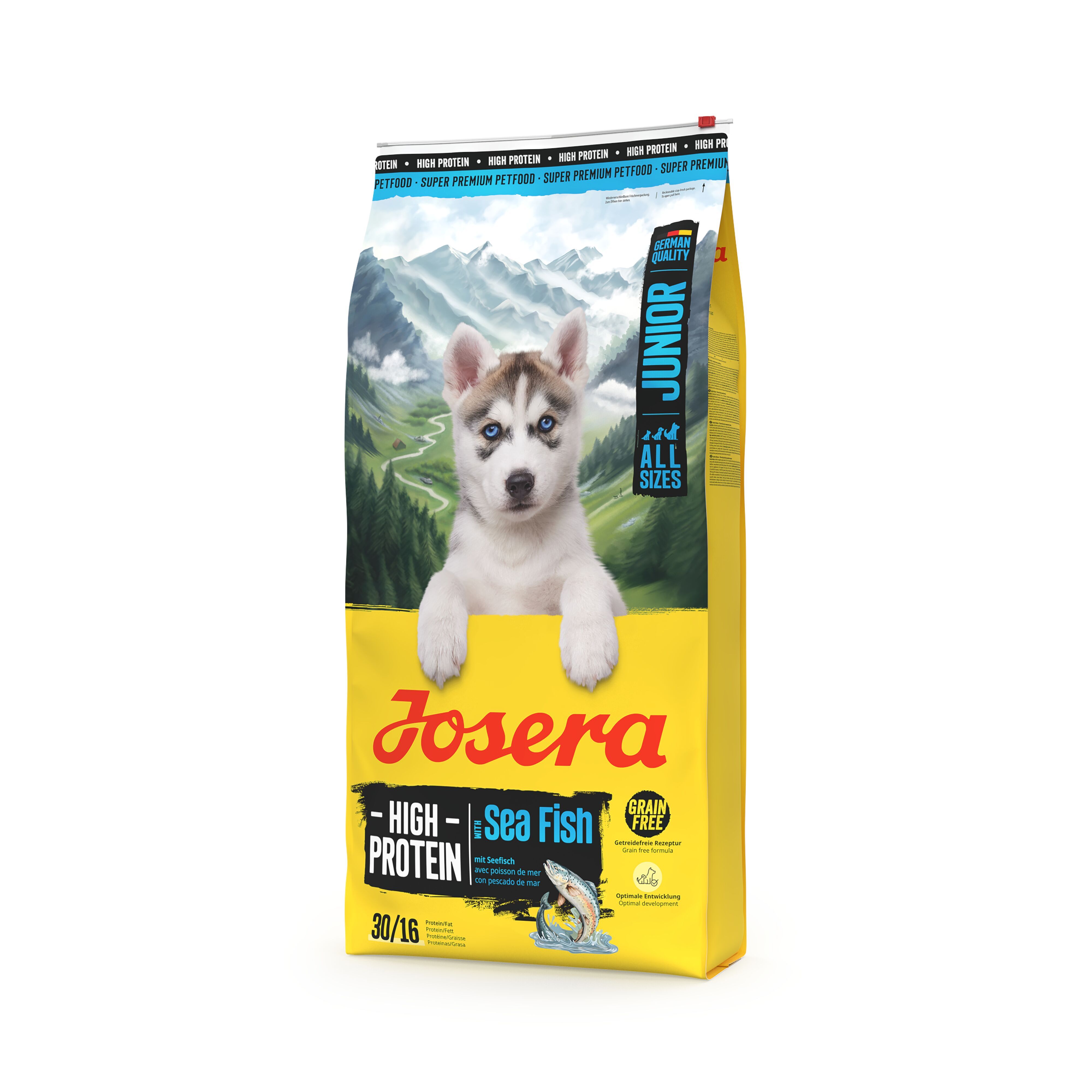 Gelbe Verpackung mit Welpen, Produktname und Logo. Enthält "High Protein Sea Fish" und "Junior".