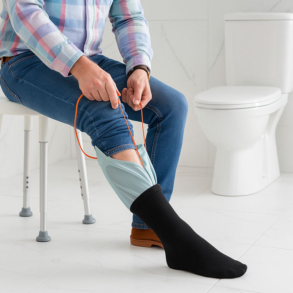 Person sitzt mit Strumpfanziehhilfe und schwarzer Socke. Badezimmerhintergrund.