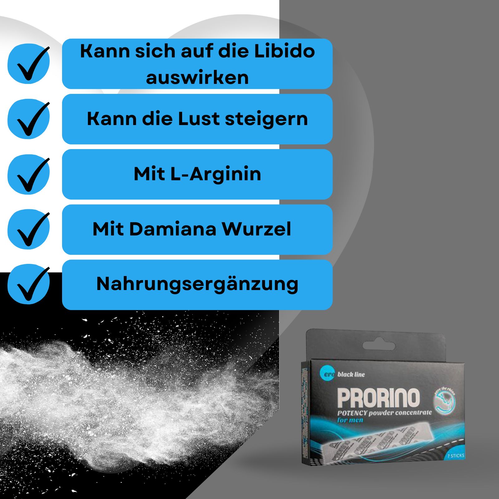 Produktverpackung PRORINO. Text: Kann sich auf die Libido auswirken, kann die Lust steigern, mit L-Arginin, mit Damiana Wurzel, Nahrungsergänzung.