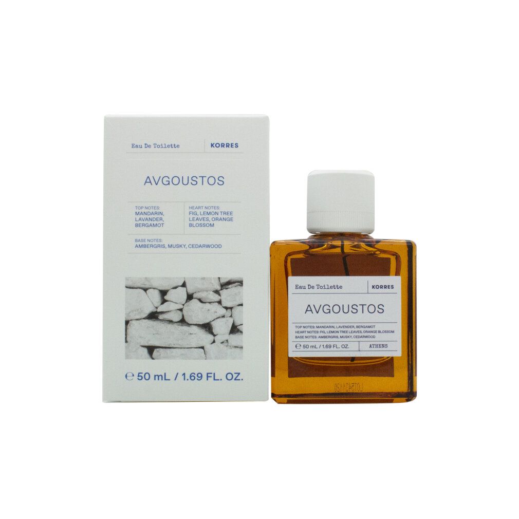 KORRES Eau de Toilette Avgoustos Unisex, 50ml. Flakon mit bernsteinfarbener Flüssigkeit und weißem Verschluss.