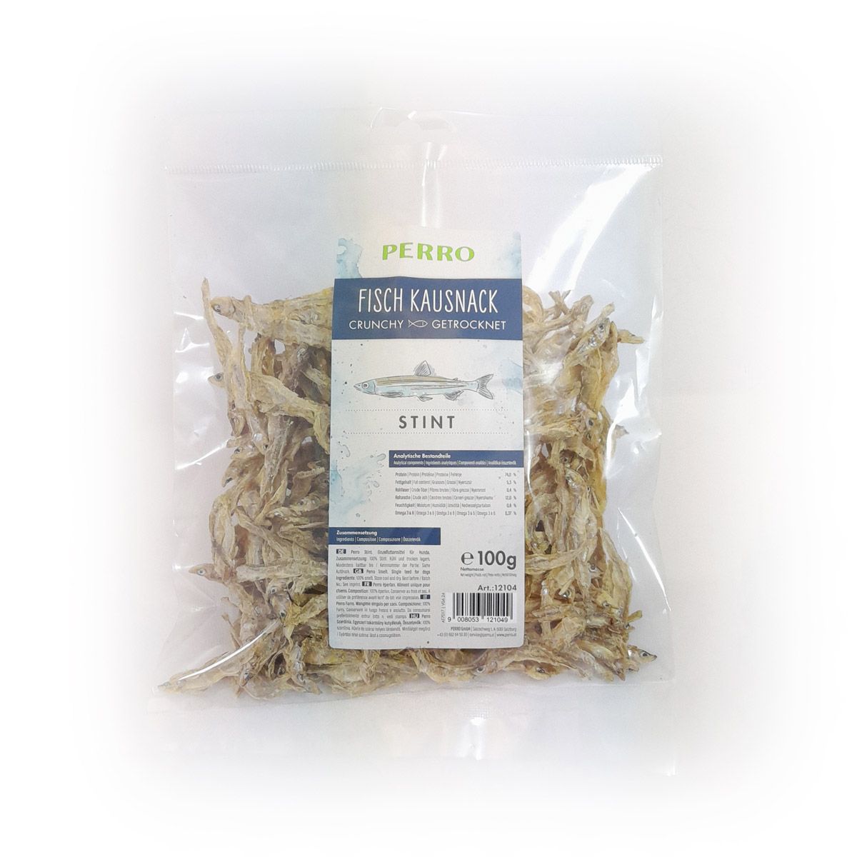 Klarsichtbeutel mit getrockneten Fisch-Kausnacks. Aufdruck: PERRO, Fisch Kausnack Stint, 100g. Produkt für Hunde & Katzen.