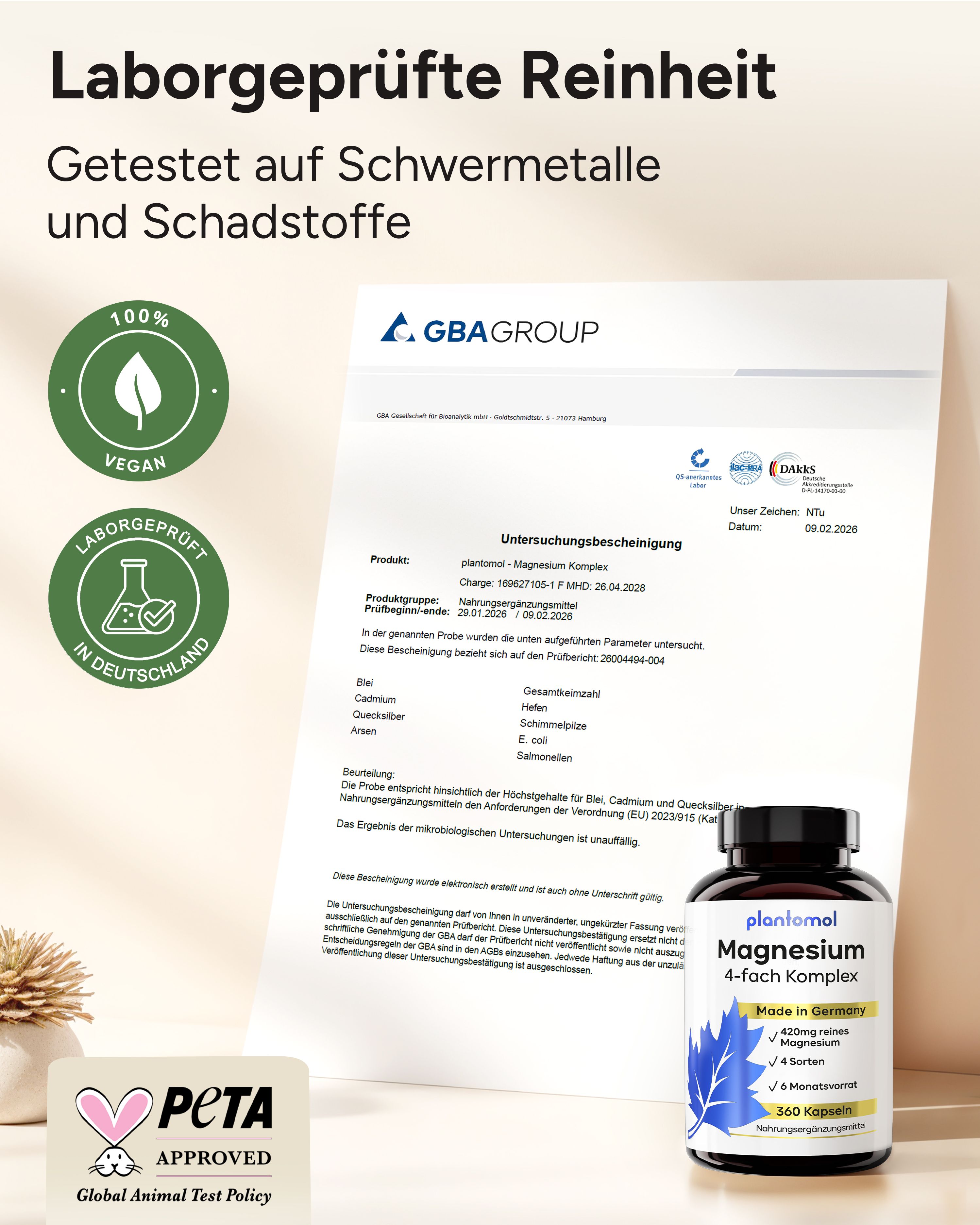 Flasche plantomol Magnesium 4-fach Komplex, Prüfbericht, veganes Siegel, PETA-Logo.