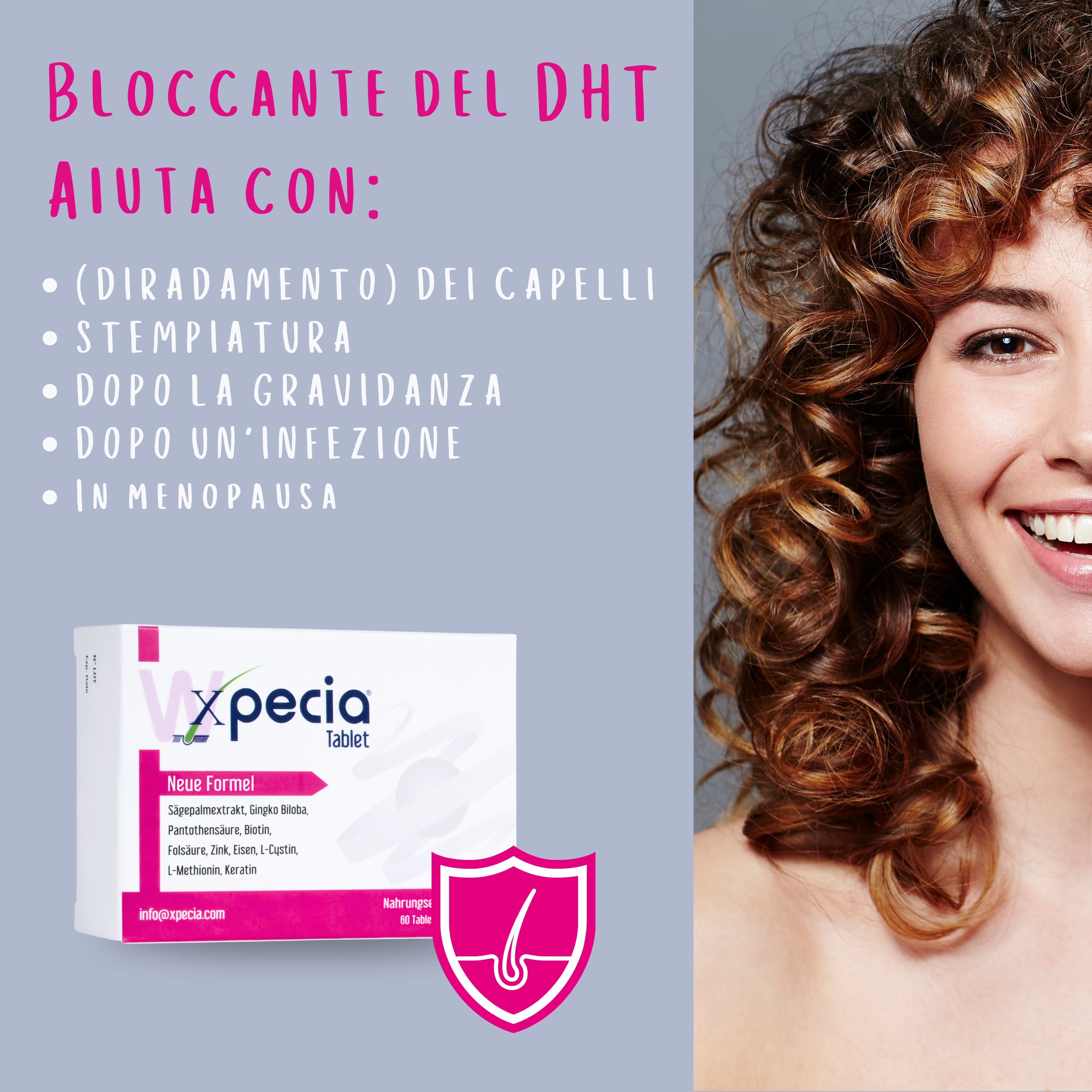 Confezione del prodotto e donna con capelli ricci. Testo: Bloccante DHT, Aiuta con: diradamento, stempiatura, dopo gravidanza, infezione, menopausa.