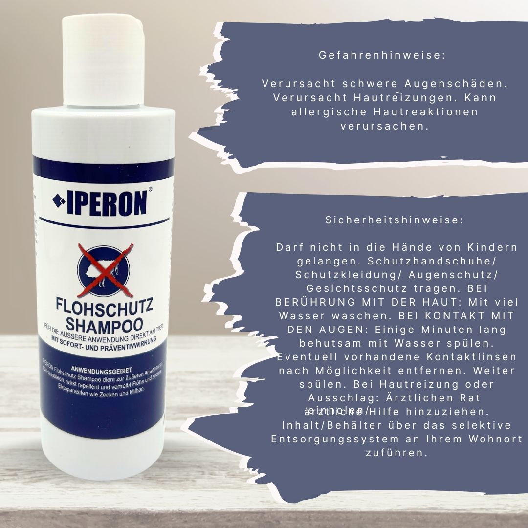 Eine Flasche IPERON® Flohschutz Shampoo mit Sicherheitshinweisen.
