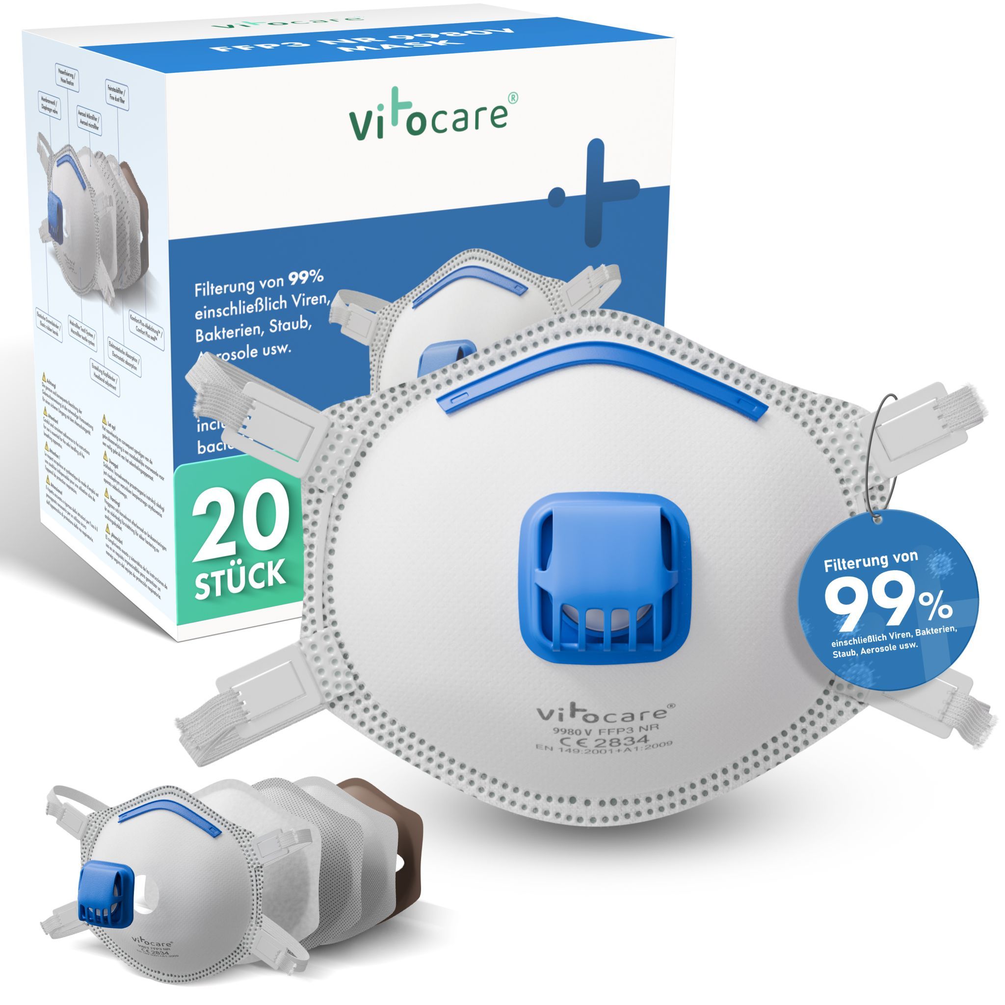 Vitocare Ffp3 Maske mit Ventil | Atemschutzmaske CE Großpackung 1 St