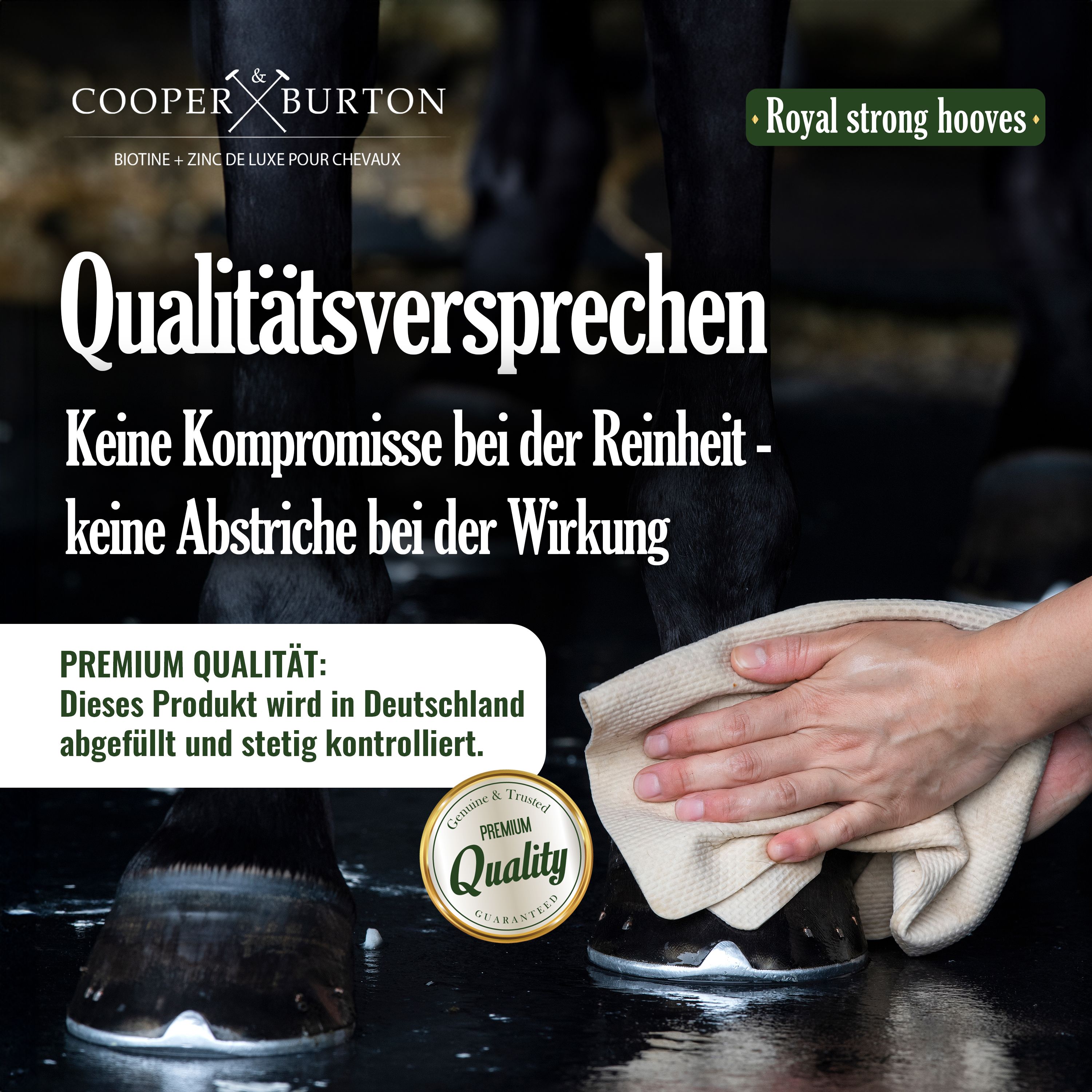 Pferdehuf wird gereinigt. Text: Qualitätsversprechen. COOPER & BURTON Logo. Made in Germany. Quality.