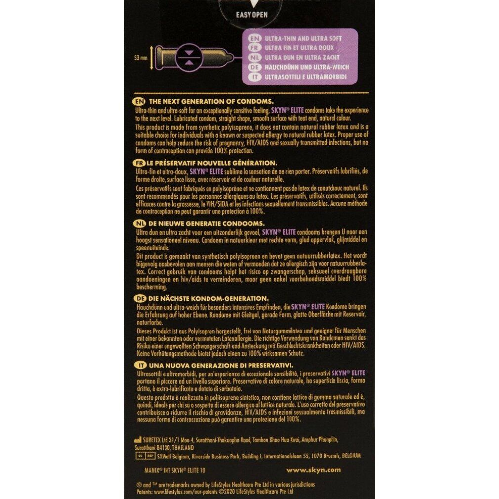 Rückseite der schwarzen SKYN Elite Kondom-Schachtel. Text: Ultra dünn & ultra weich. Mehrsprachiger Text. 100% getestet.