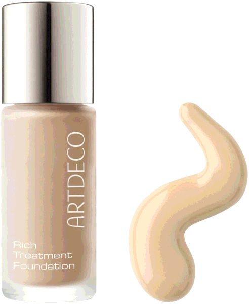 ARTDECO Rich Treatment Foundation in einem Glasflakon mit silbernem Deckel und einer Produktprobe daneben.