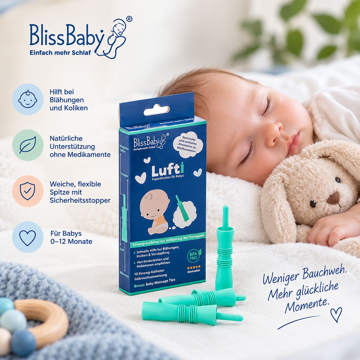 Bliss Baby Lufti: Weicher, flexibler Einweg-Katheter mit Sicherheitsstopper für Babys 0-12 Monate zur Linderung von Blähungen und Koliken.