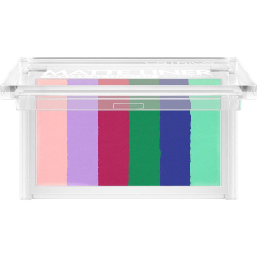 Eyeliner-Palette mit sechs Farben in transparentem Gehäuse. Text: Matte Liner, Water-Activated Eyeliner.