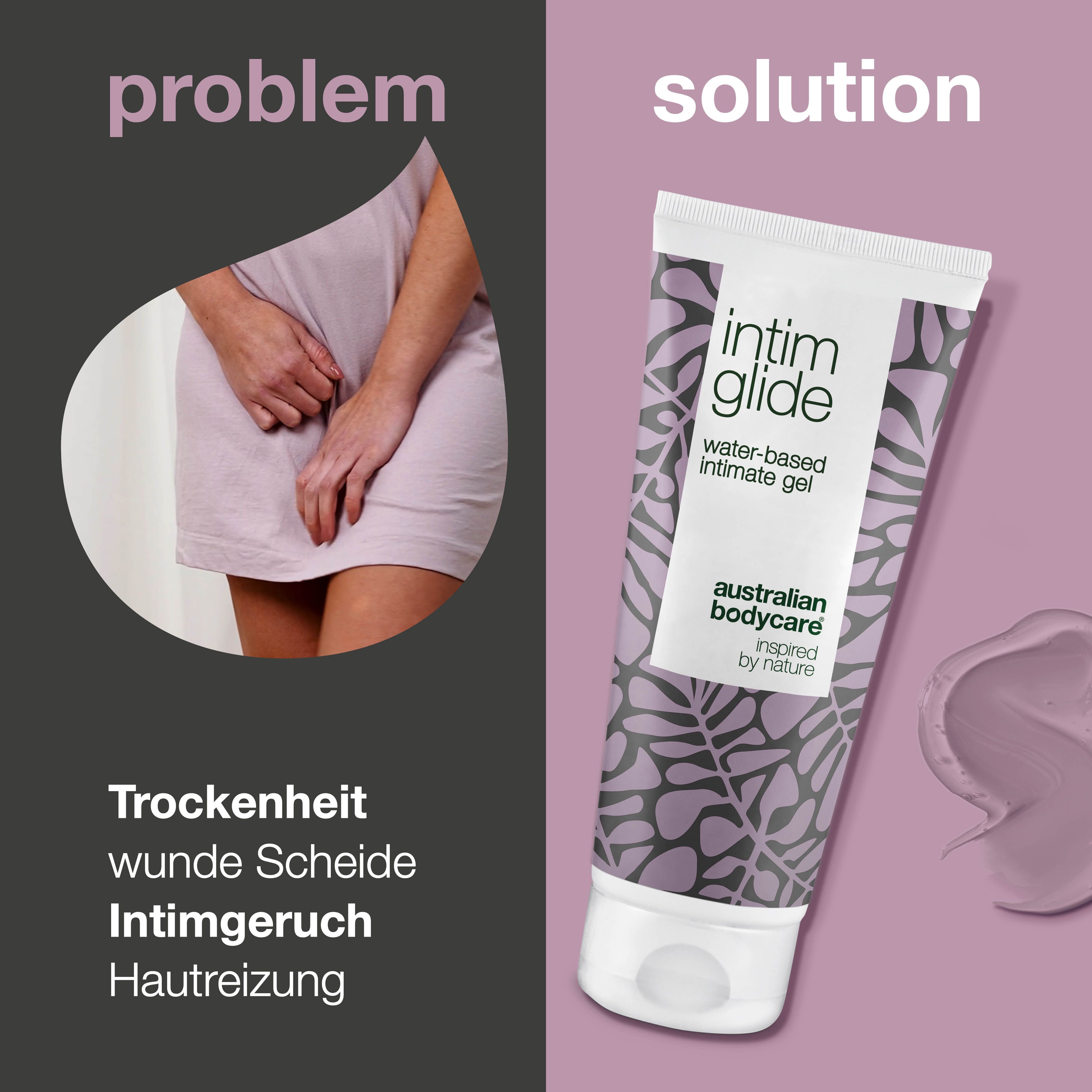 Vergleich: Problem und Lösung. Intim-Gleitgel. Wasserbasiert. Marke: Australian Bodycare. Lila Hintergrund.