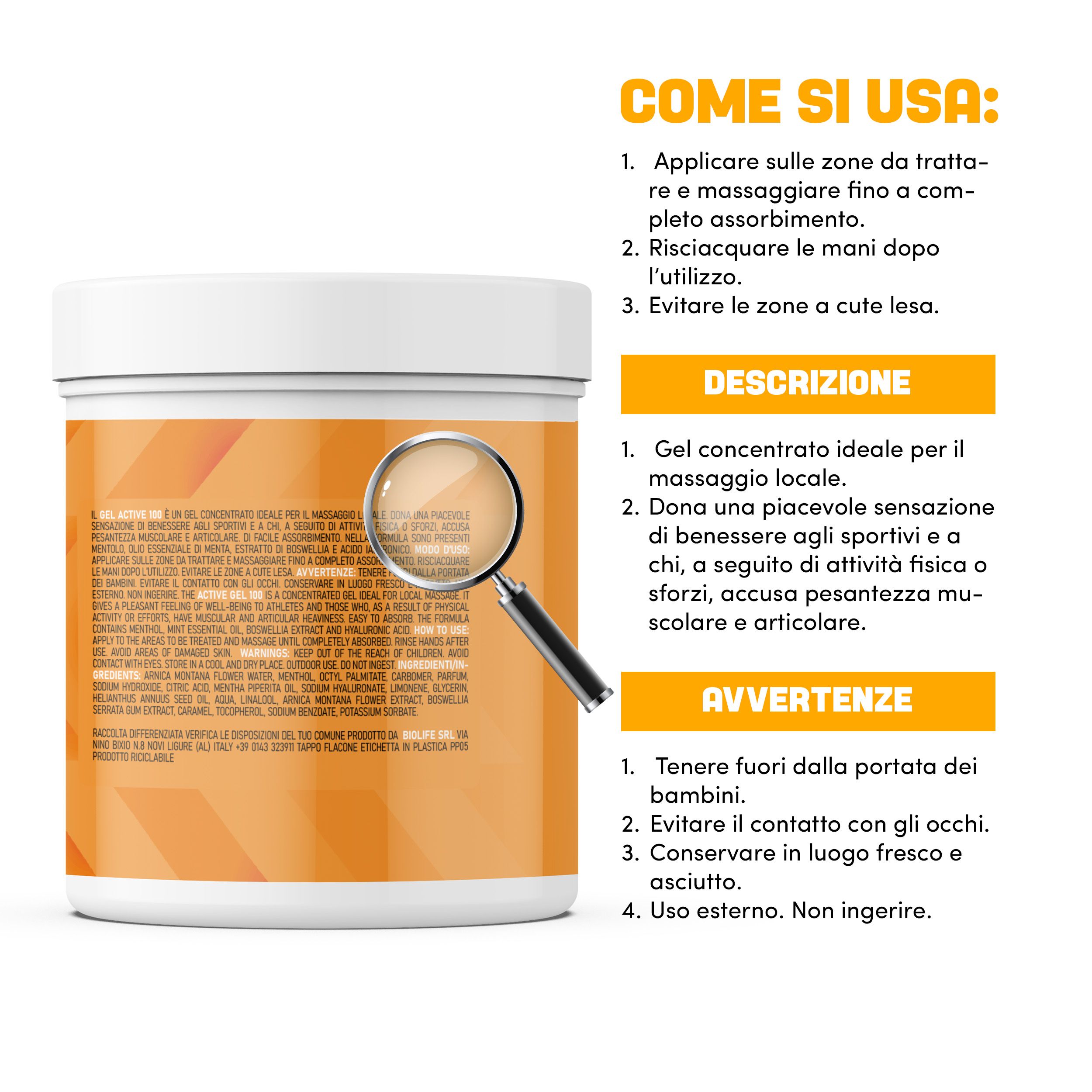 Behälter "Arnica Active 100" mit Lupe. Anweisungen: Auf betroffene Stellen auftragen und einmassieren, abspülen, Augen vermeiden.