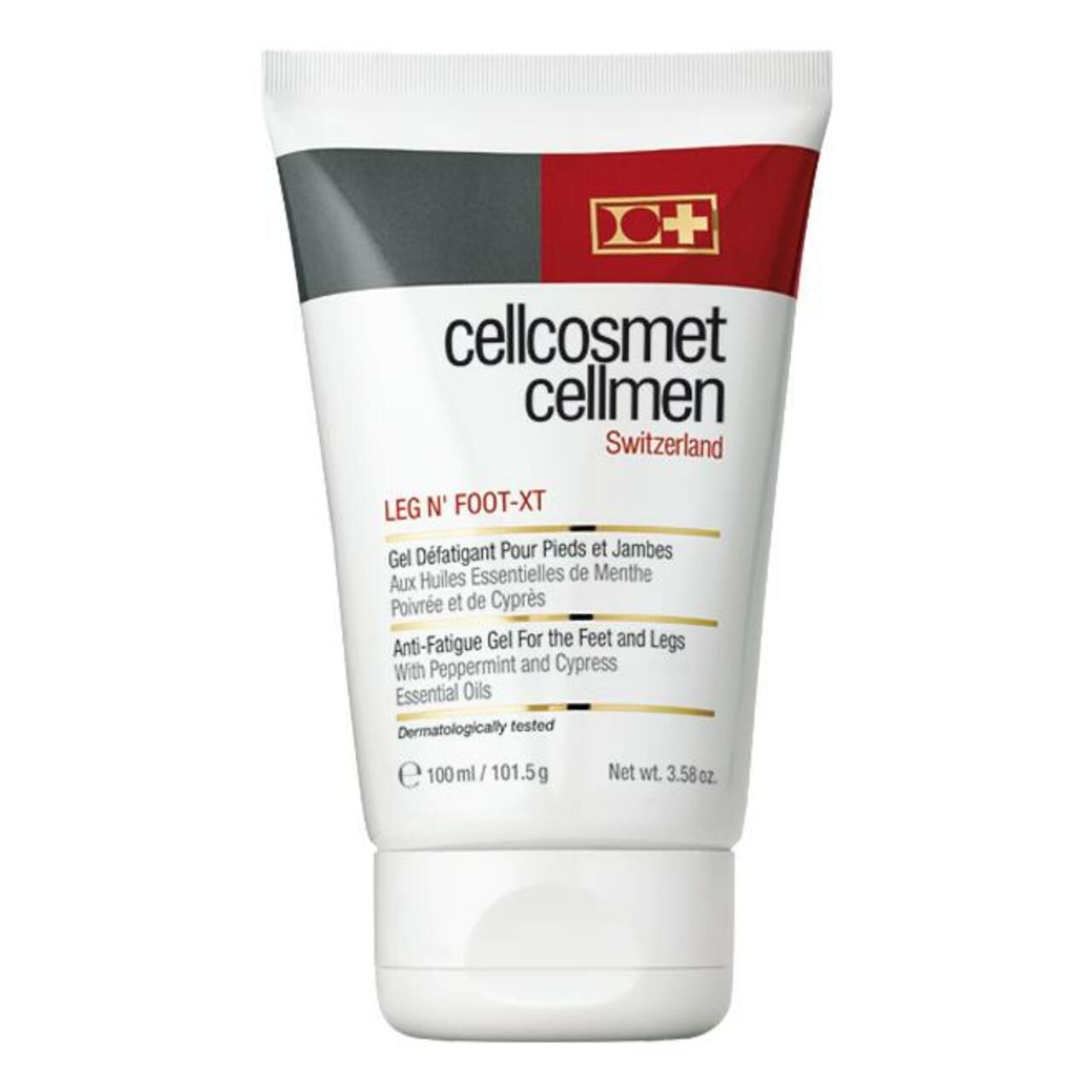 Weisse Tube mit rotem und schwarzem Streifen. Aufschrift: Cellcosmet Cellmen, Leg N' Foot-XT. Text in Französisch und Englisch.