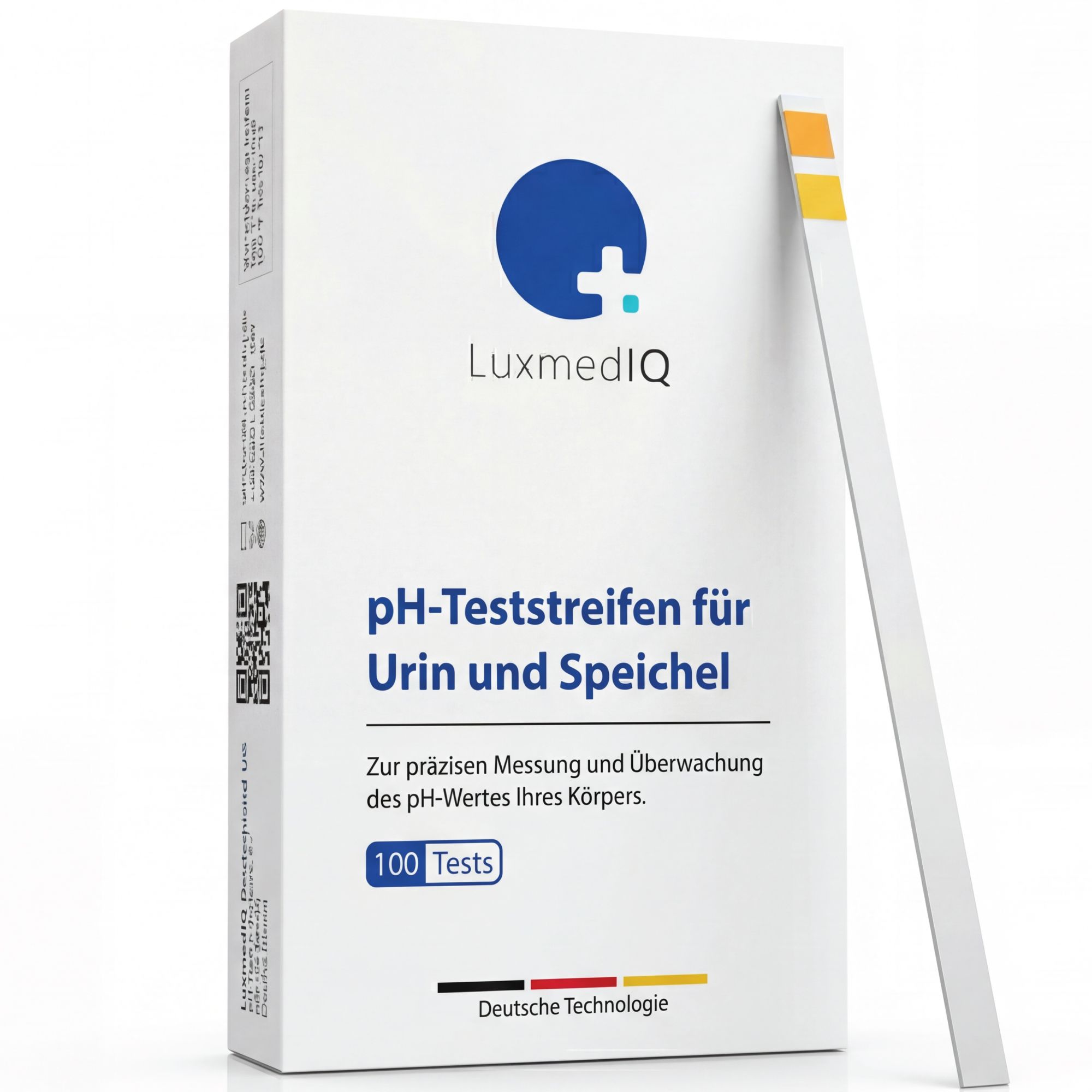 Weiße Schachtel mit pH-Teststreifen für Urin und Speichel. LuxmedIQ Logo. 100 Tests. Eine Teststreifen.