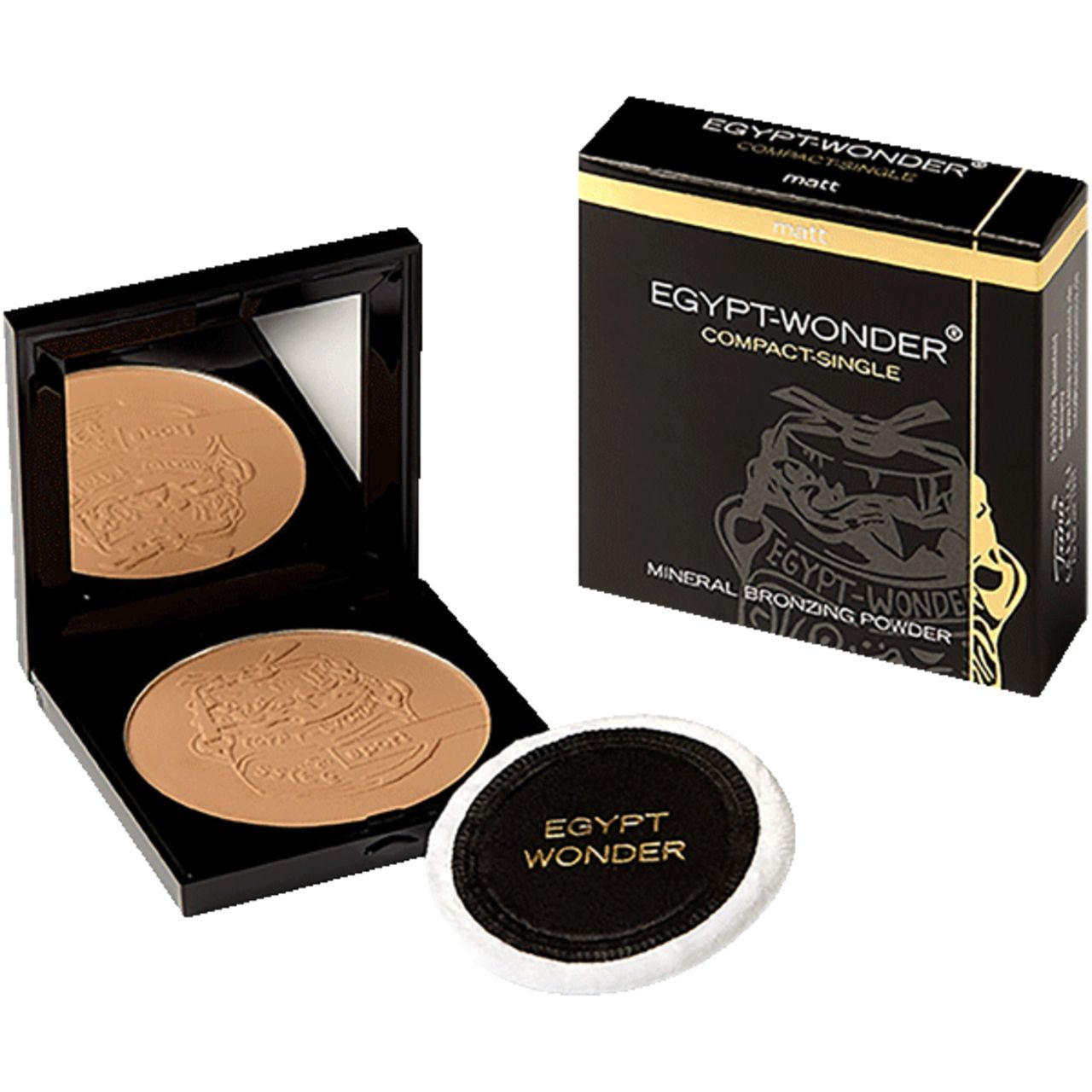 Kompaktpuder mit Spiegel und Applikator. Schwarze Verpackung mit goldener Schrift. Produktname: Egypt-Wonder Compact-Single "Sport".