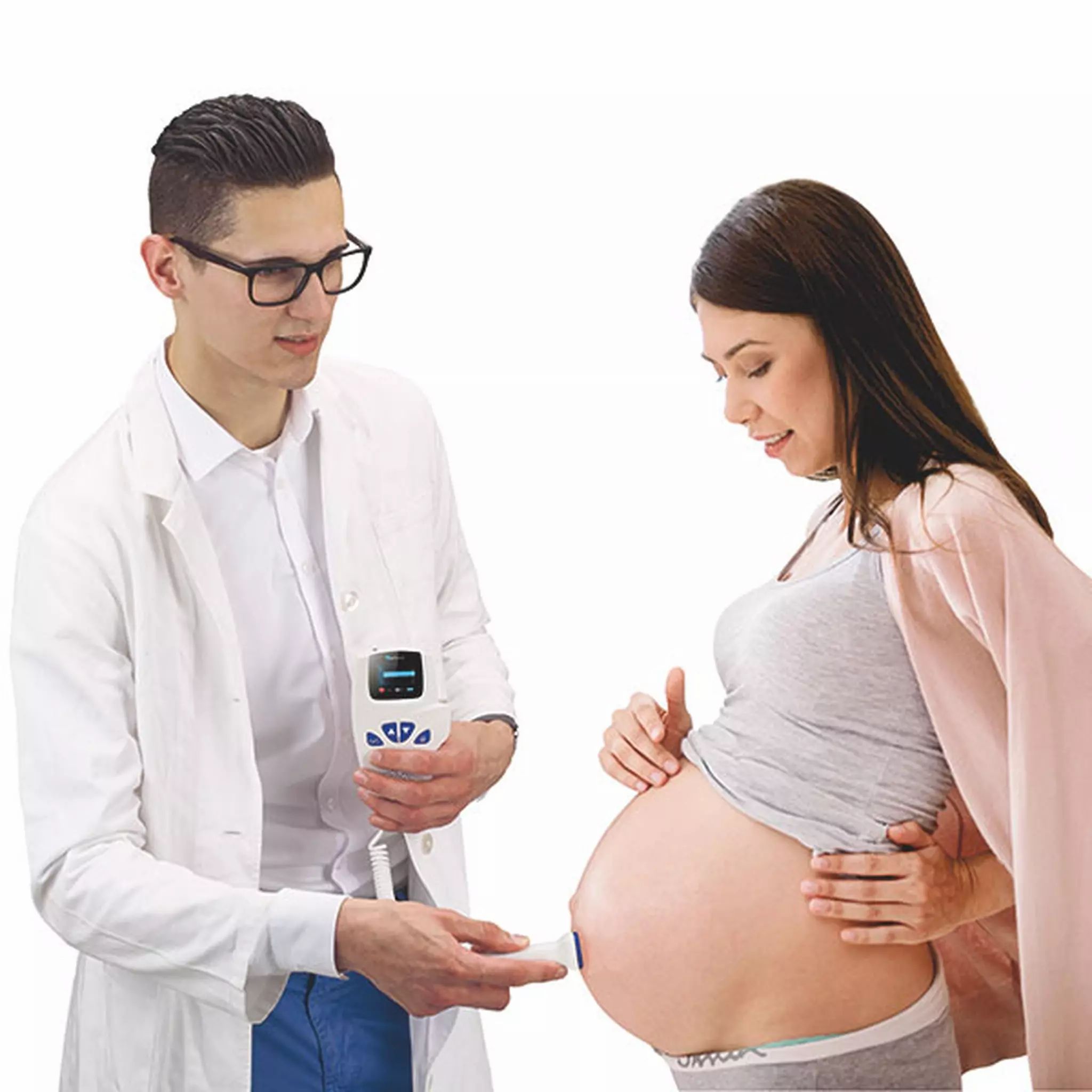 Arzt untersucht schwangere Frau mit Fetal-Doppler. Gerät in der Hand des Arztes. Frau hält sich am Bauch.