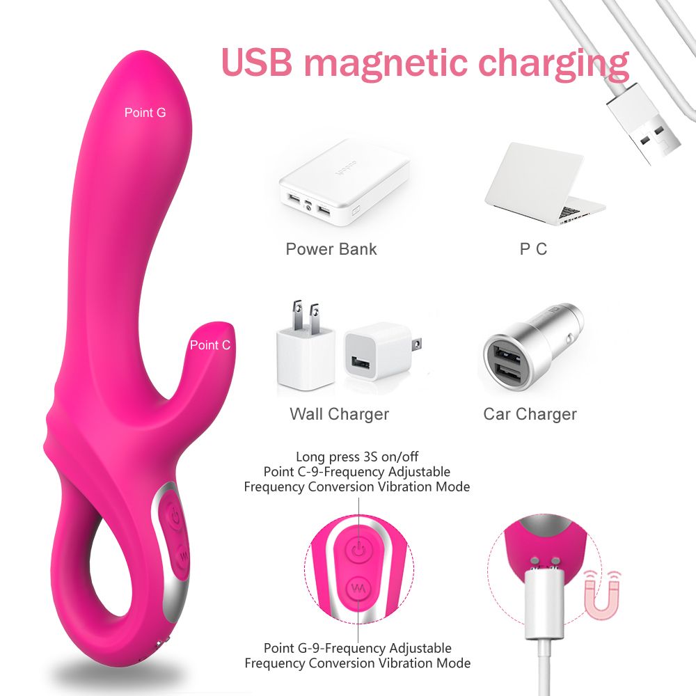 Rosa Vibrator mit Zubehör. Text: USB magnetic charging, Power Bank, PC, Wall Charger, Car Charger. Ladekabel.