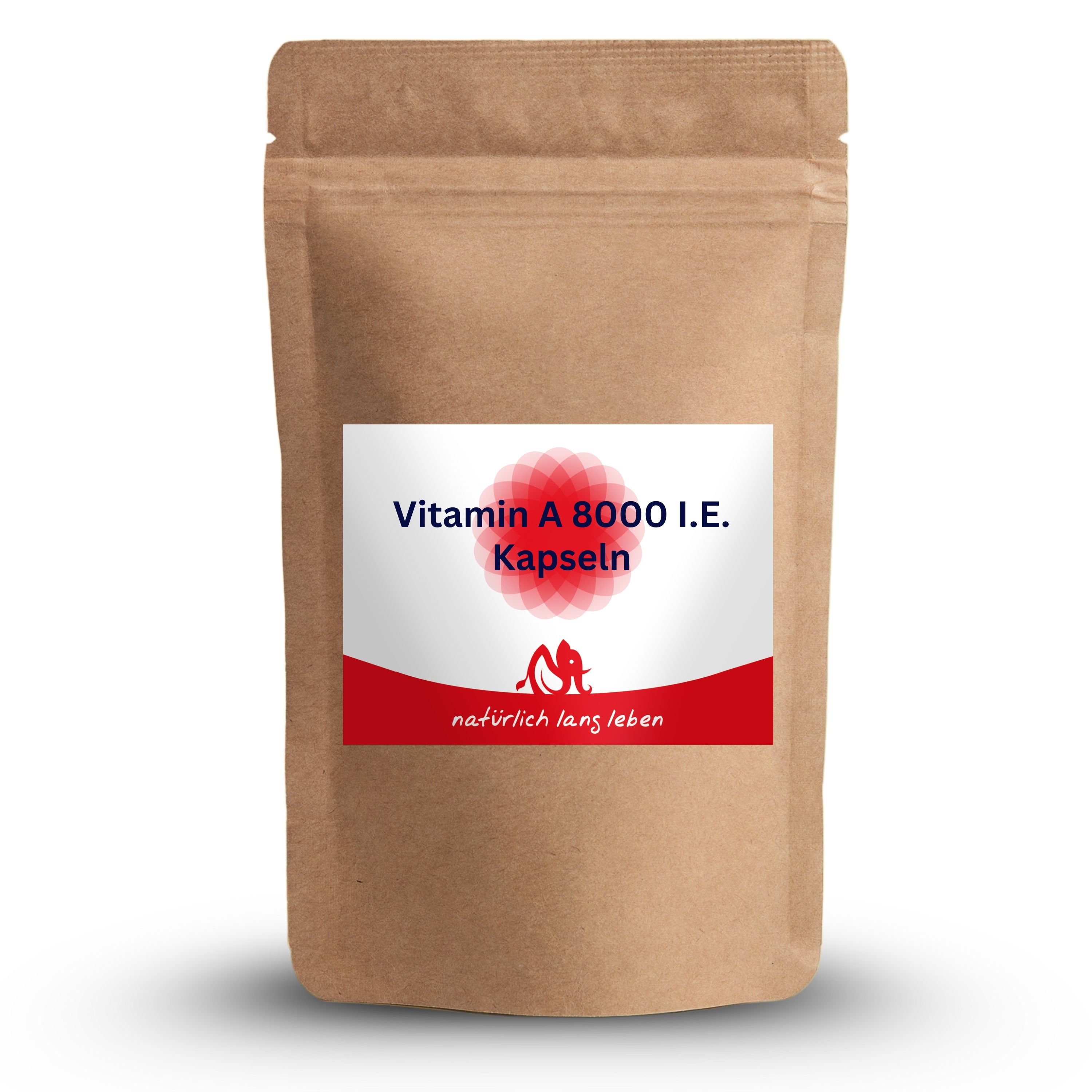 Braune Tüte mit Etikett: Vitamin A 8000 I.E. Kapseln. Logo: natürlich lang leben. Produktverpackung.