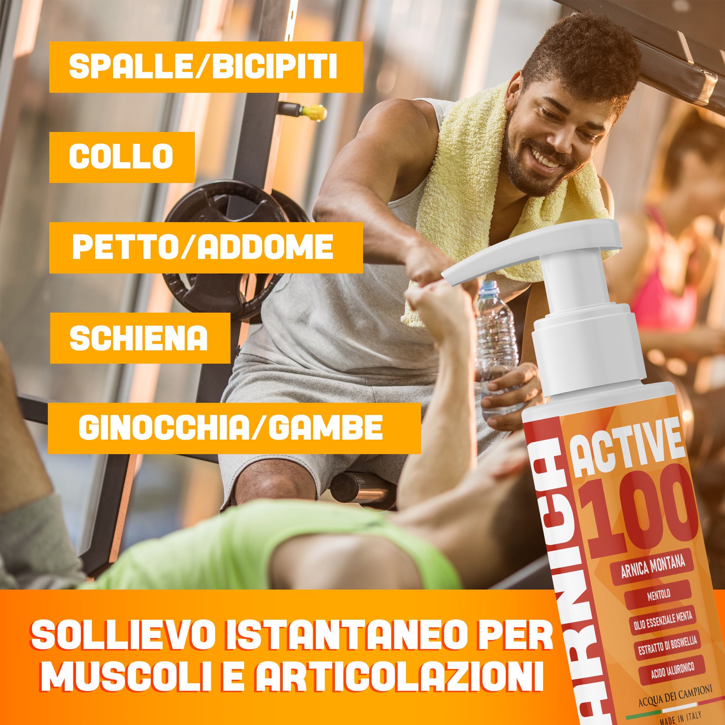 Gel-Flasche mit Pumpverschluss. Aufschrift ACTIVE 100, ARNICA. Text: SOLLIEVO ISTANTANEO PER MUSCOLI E ARTICOLAZIONI.