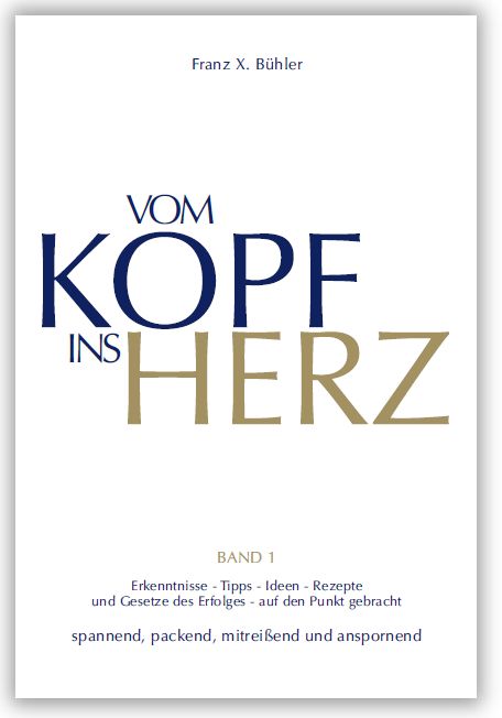Buchcover mit Titel "Vom Kopf ins Herz". Autor: Franz X. Bühler. Untertitel: Erkenntnisse, Tipps, Ideen, Rezepte. Band 1.