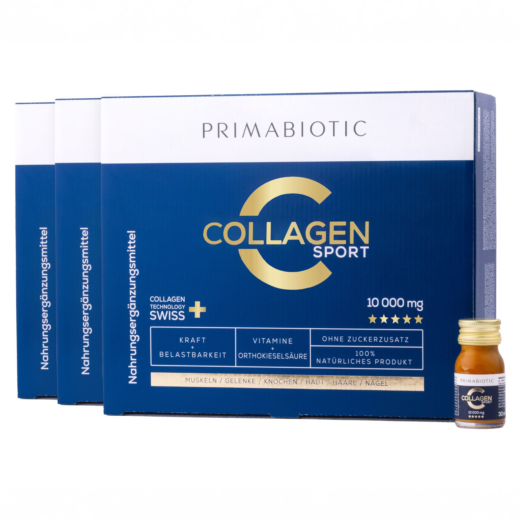 Drei Kartons und eine Flasche Primabiotic Collagen Sport. Blaue Verpackung mit Produktinformationen und Logo. Eine Flasche steht daneben.