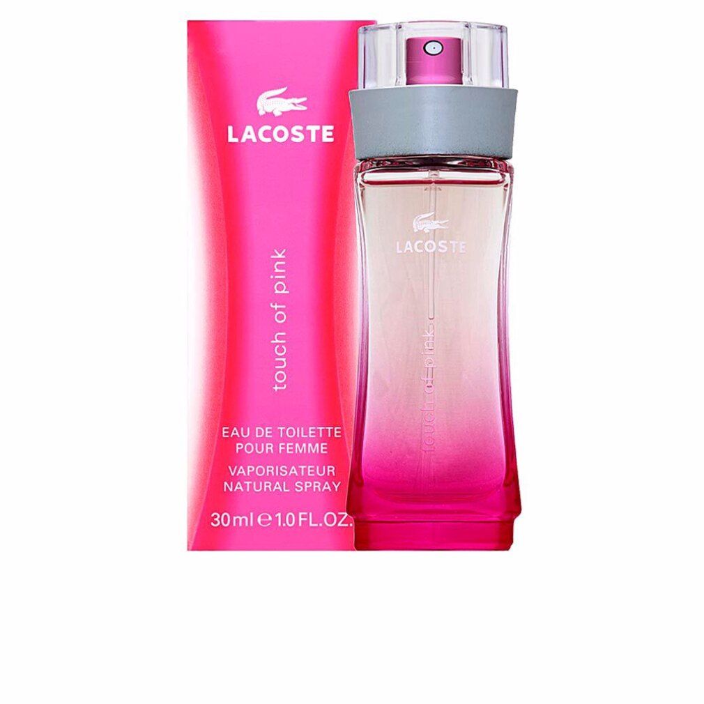 Rosa Flakon und Schachtel. Aufschrift LACOSTE, Touch of Pink. Eau de Toilette, 30 ml.