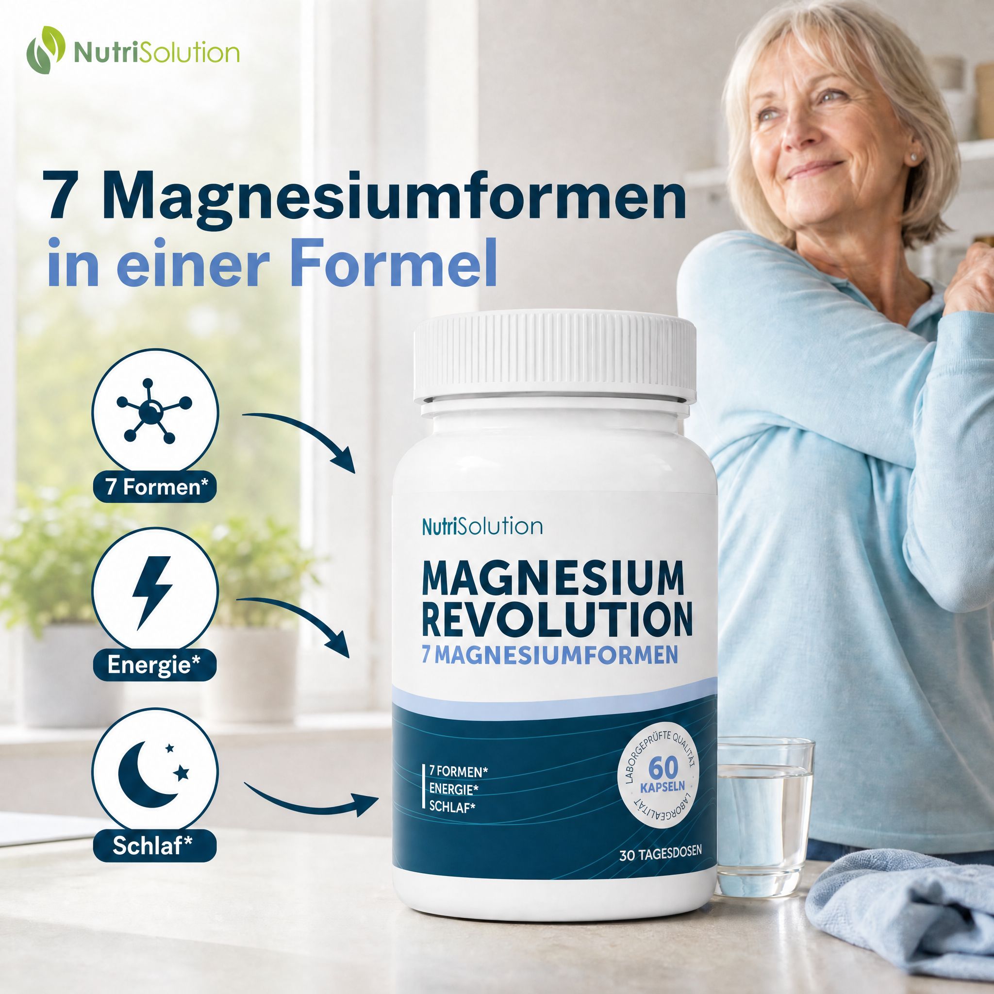NutriSolution Magnesium Revolution Flasche mit 60 Kapseln, 7 Magnesiumformen, für Energie und Schlaf.