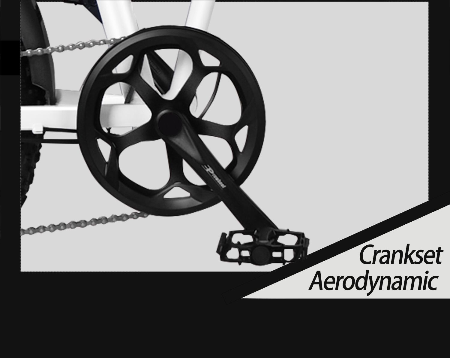 Schwarze Fahrradkurbelgarnitur. Aerodynamisches Design. Text "Crankset Aerodynamic".