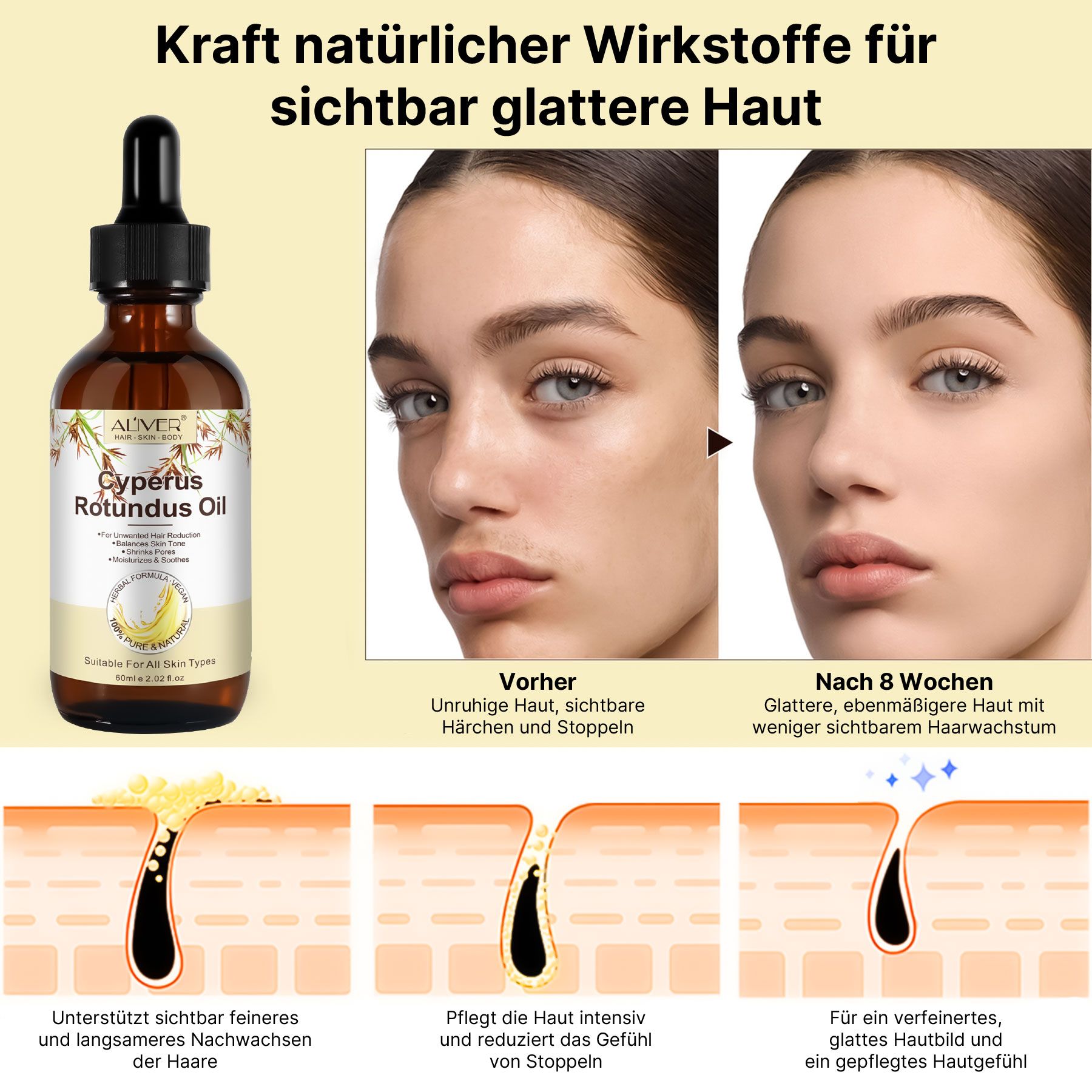 Vorher/Nachher-Vergleich: Aliver Cyperus Rotundus Öl reduziert Haarwachstum.