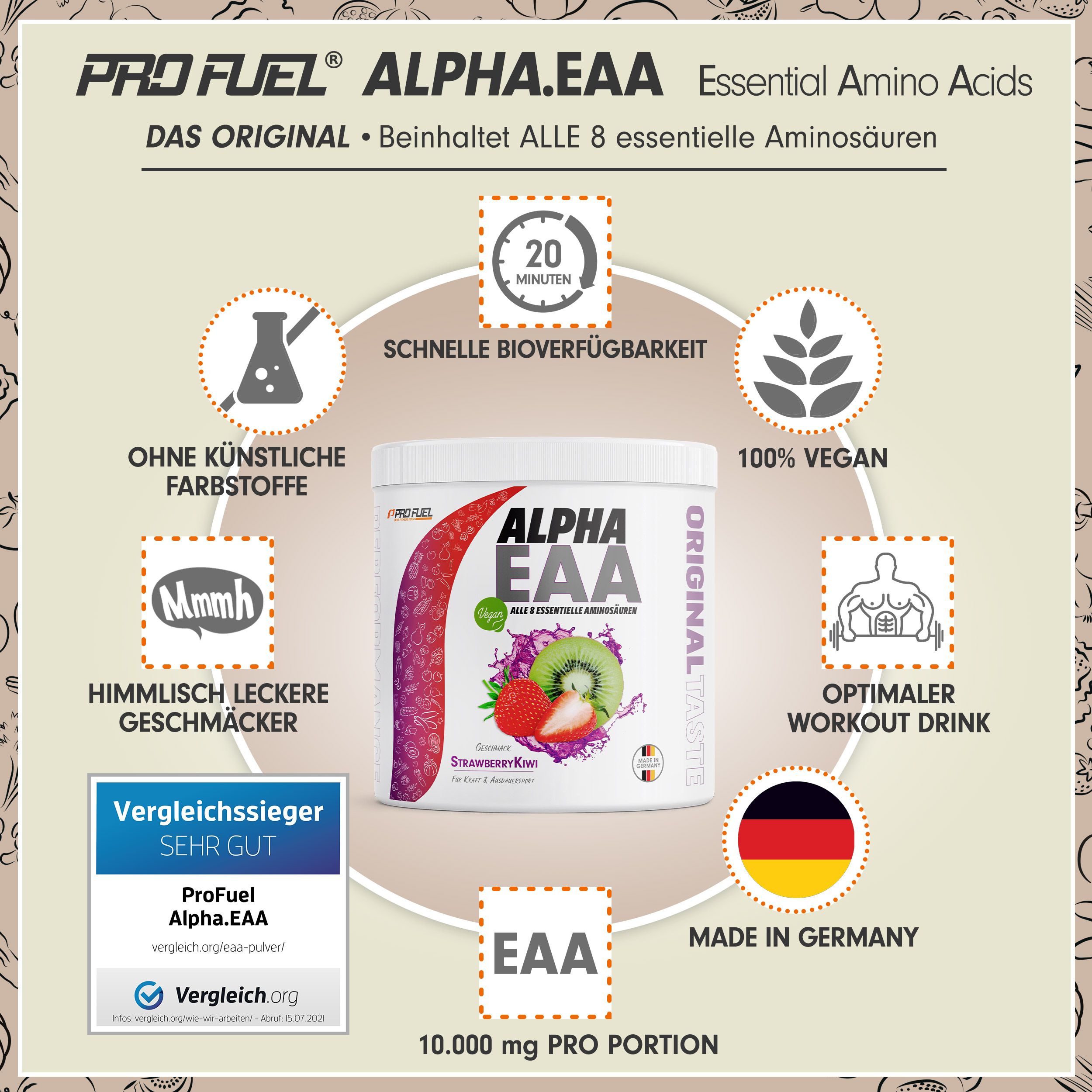 ProFuel - Alpha.EAA Pulver - Erdbeere-Kiwi - optimal hochdosiert, Made in Germany, 100% vegan