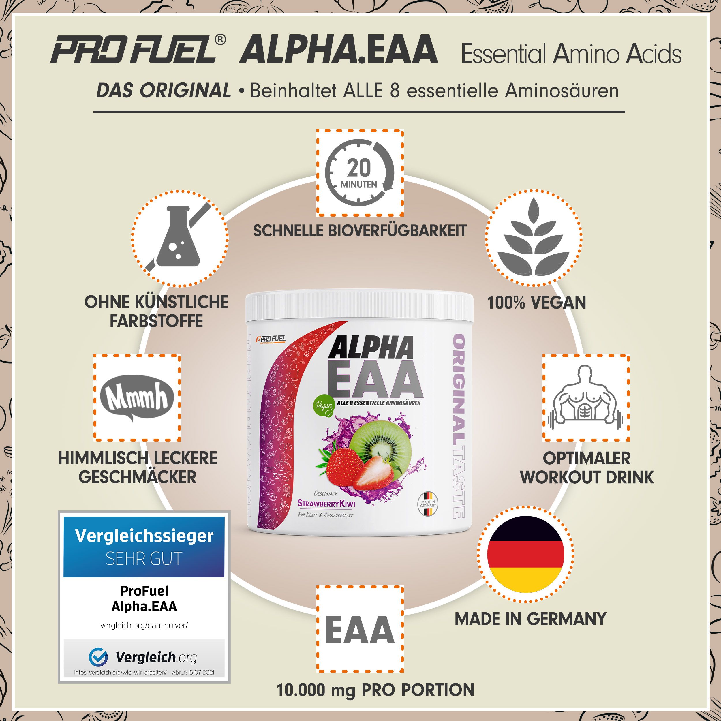 ProFuel - Alpha.EAA Pulver Erdbeere-Kiwi optimal hochdosiert, Made in Germany, 100% vegan 462 g