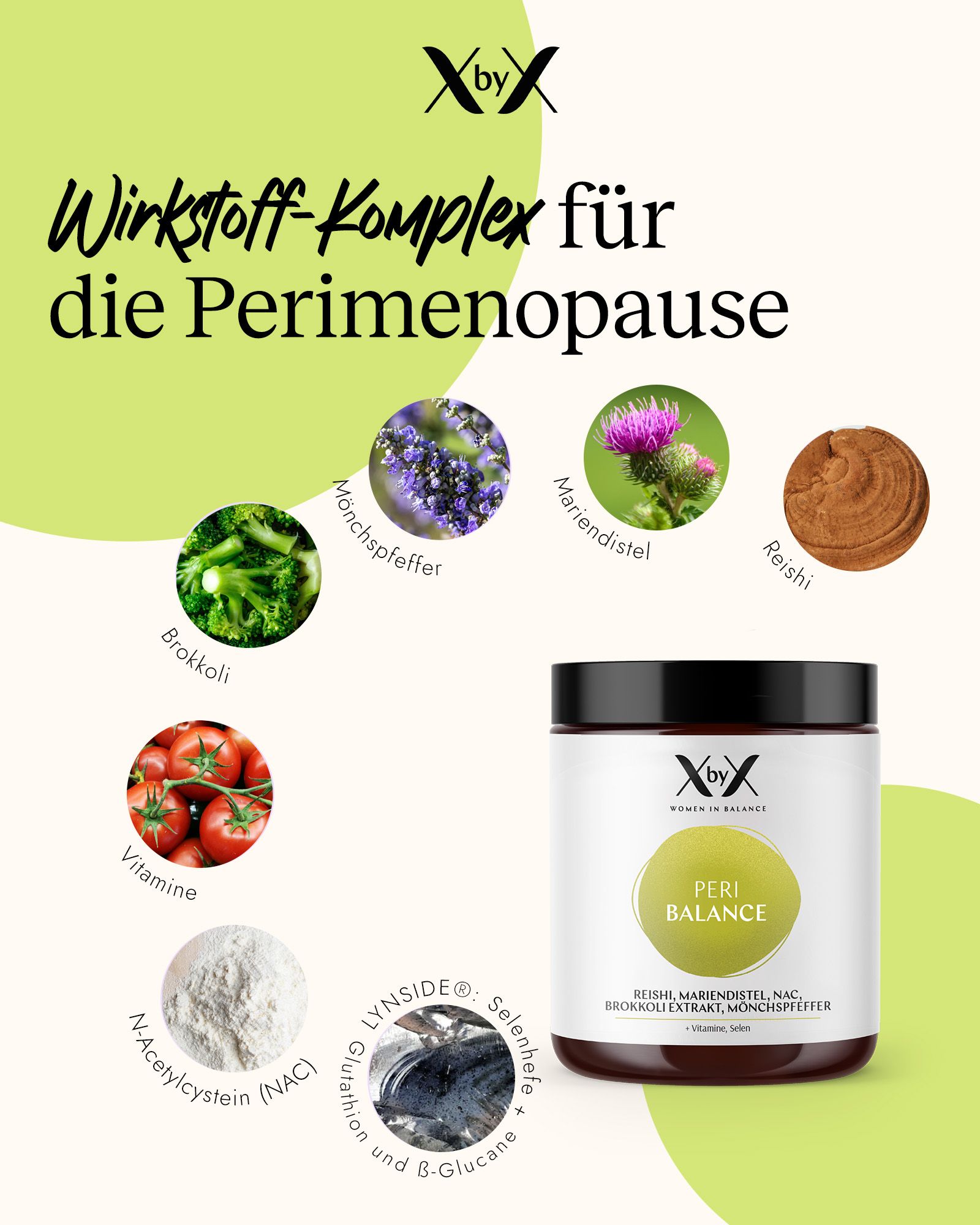 Ein Behälter mit dem Produktnamen 'Peri Balance' und Abbildungen von Brokkoli, Mönchspfeffer, Mariendistel, Reishi, Tomaten, N-Acetylcystein, Glutathion und B-Glucanen.