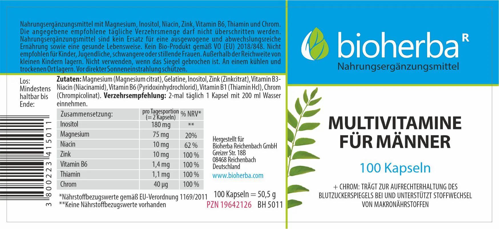Etikett mit "Bioherba" und "Multivitamine für Männer". Enthält Inhaltsstoffliste und Nährwertangaben. 100 Kapseln.