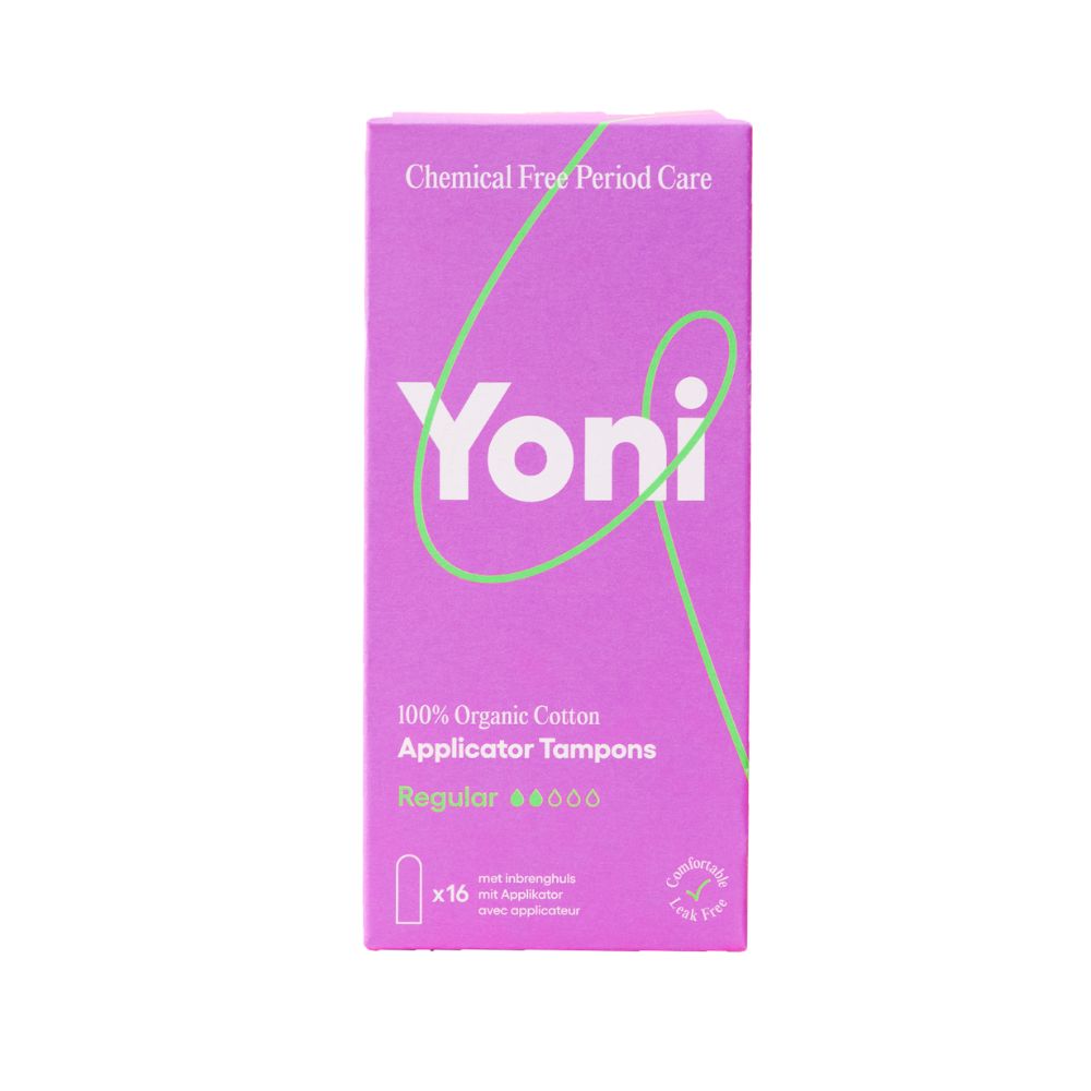 Verpackung von Yoni Tampons. Lila Schachtel mit Text und Logo. 16 Stück, Bio-Baumwolle.