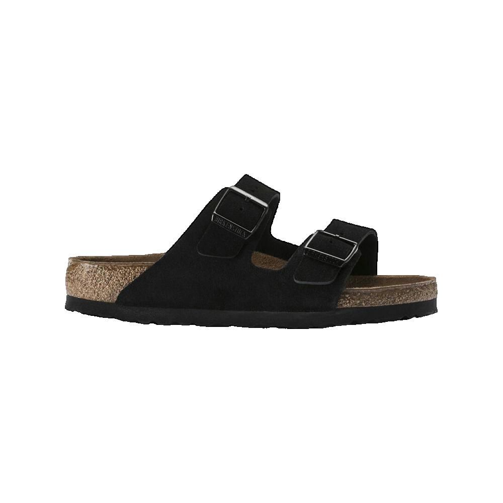 Sandalo Birkenstock Arizona Sfb nero, due fibbie. Plantare in sughero, cinturini in pelle scamosciata.
