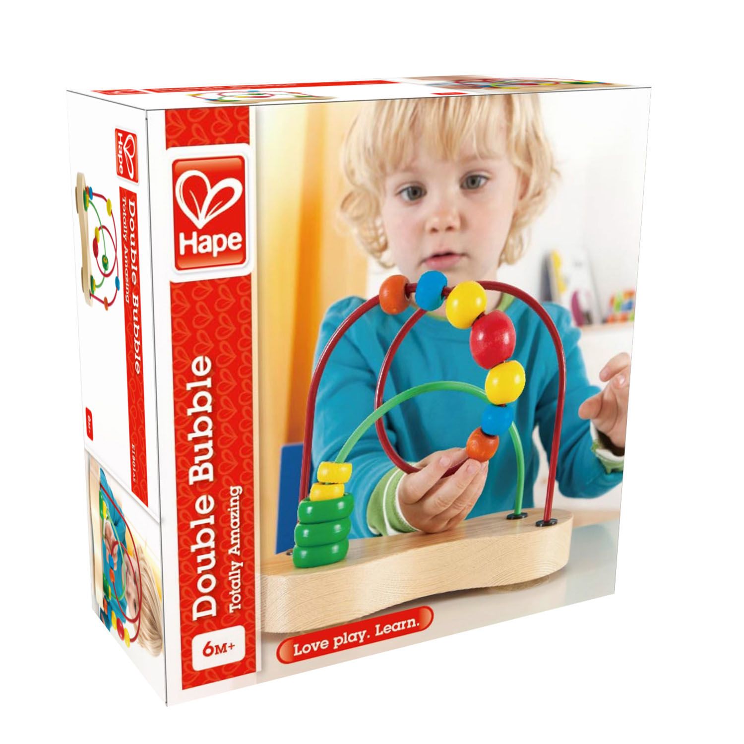 Verpakking van Hape Double Bubble. Kind speelt met het speelgoed. Op de verpakking staat "Double Bubble" en "6M+".