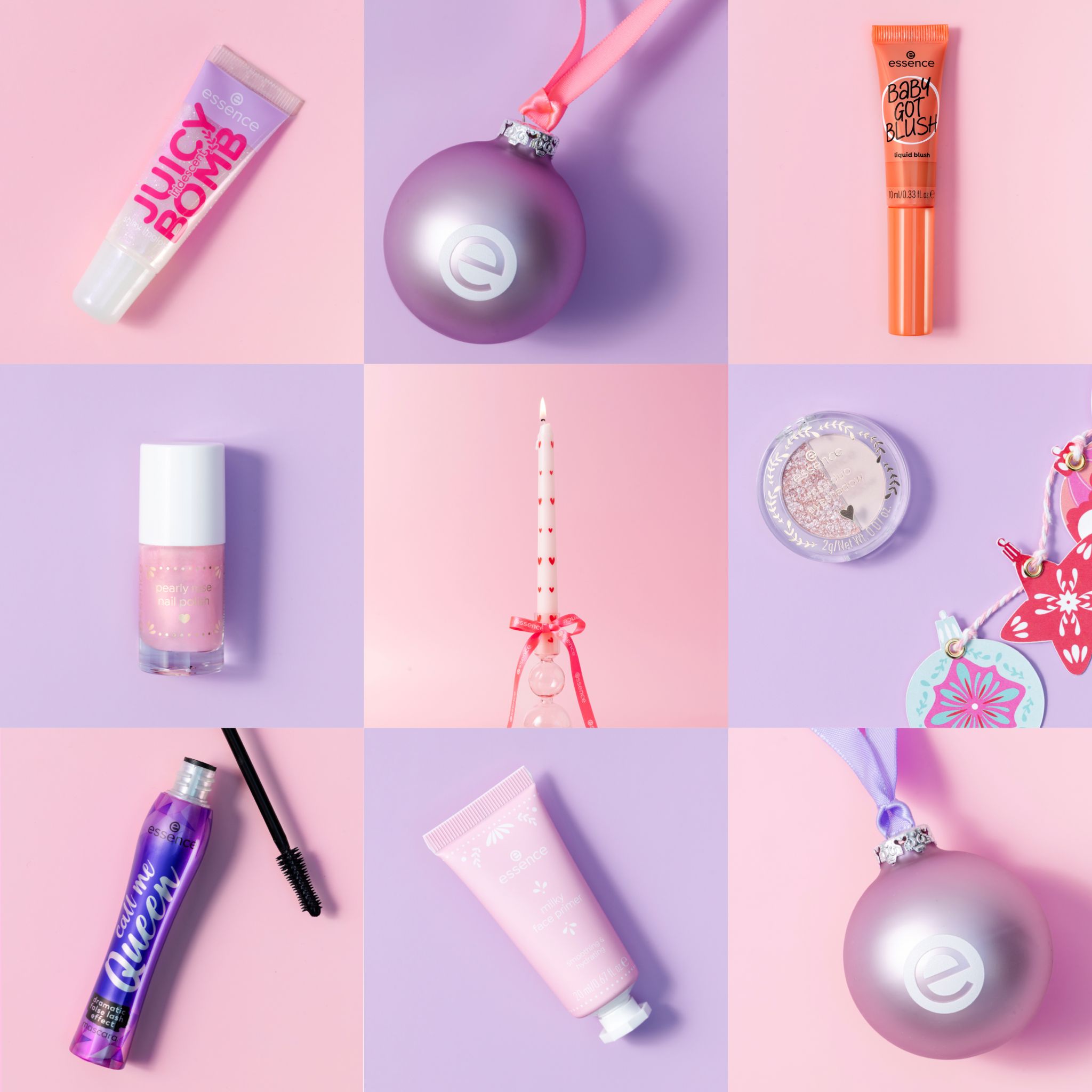 essence 'Juicy Bomb' Lipgloss in lila Verpackung mit Anhänger.