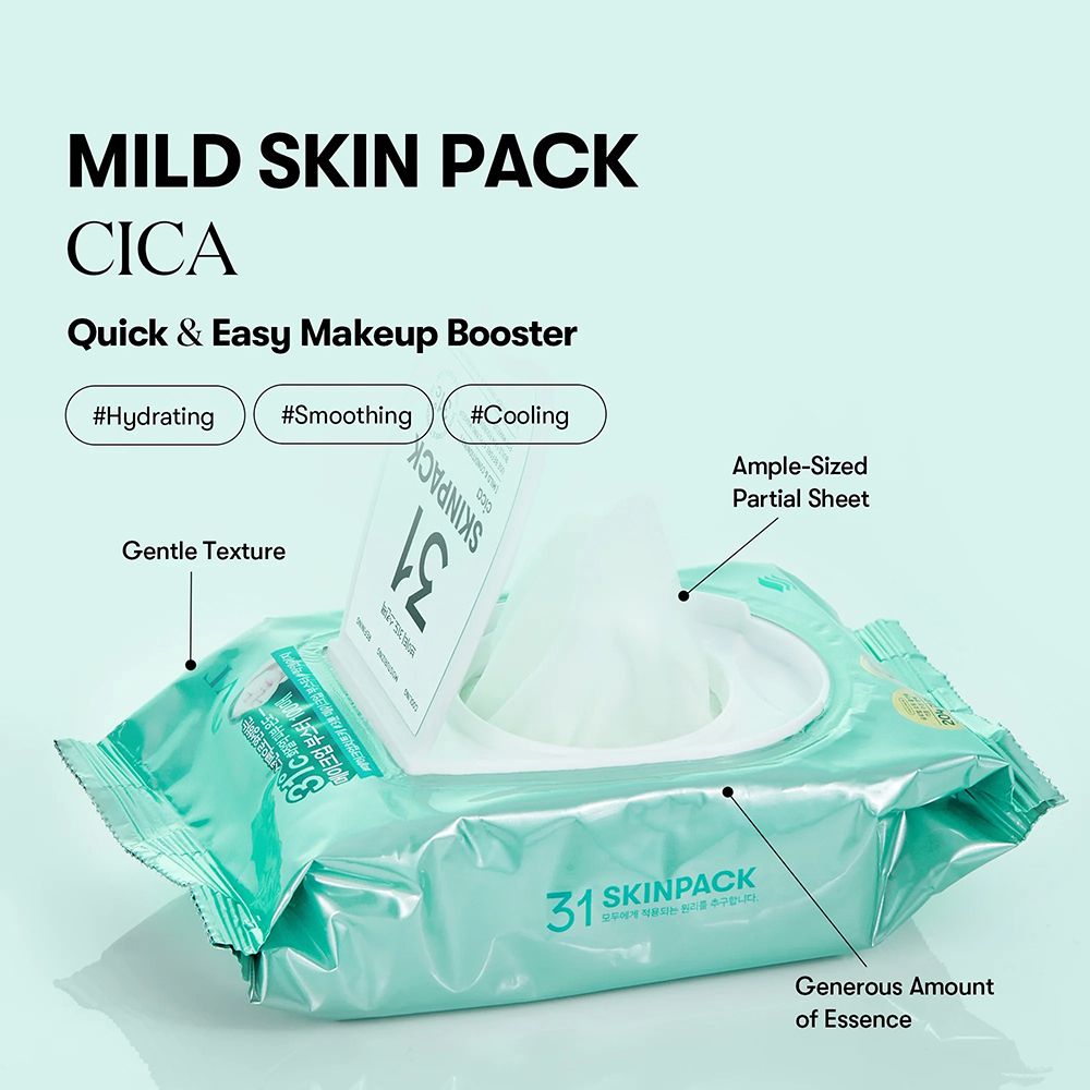 Packung mit 31 Skinpack Cica Tuchpads, die feuchtigkeitsspendend, glättend und kühlend sind.