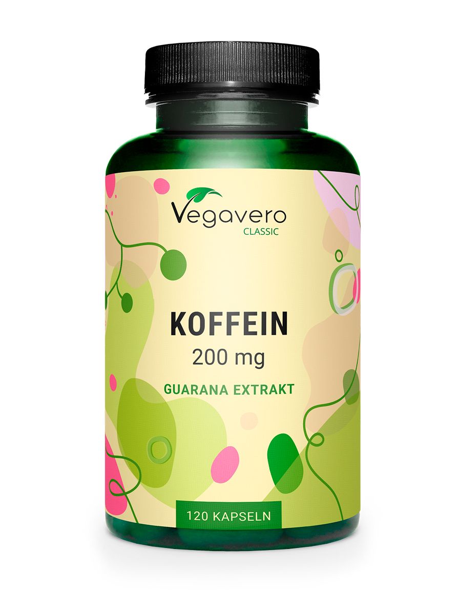 Grüne Flasche mit schwarzen Deckel. Aufschrift: Koffein 200 mg, Guarana Extrakt. 120 Kapseln. Vegavaro Classic Logo.