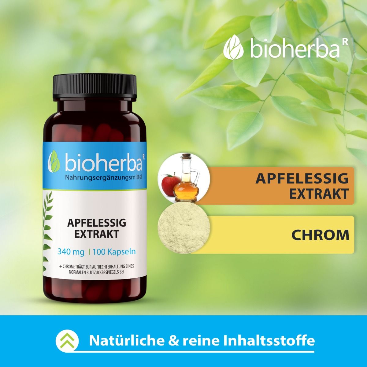 Braune Flasche mit schwarzen Deckel. Aufschrift: Apfelessig Extrakt, 340 mg, 100 Kapseln. Logo: Bioherba. Neben der Flasche: Apfelessig und Chrom.