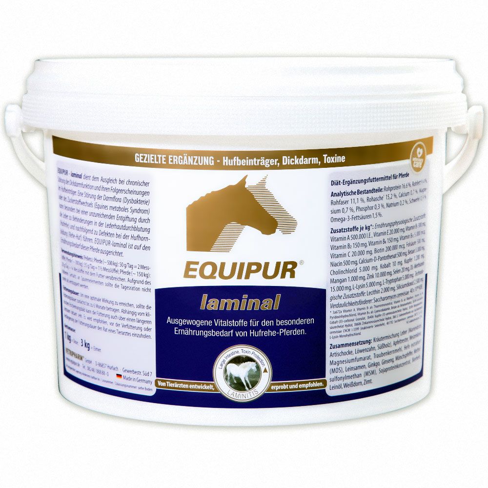 Weißer Eimer mit Aufdruck. Enthält "EQUIPUR laminal" für Pferde. Blaue und goldene Schrift. Produkt für den Ernährungsbedarf von Hufrehe-Pferden.