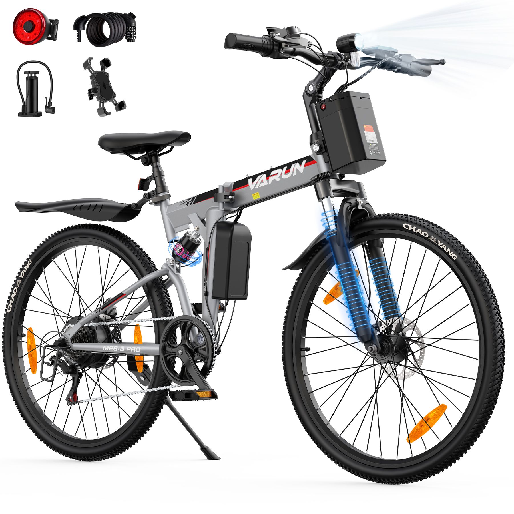 Faltbares E-Bike, silberfarben, mit schwarzem Rahmen und Reifen. Zubehör: Rücklicht, Pumpe, Handyhalterung.