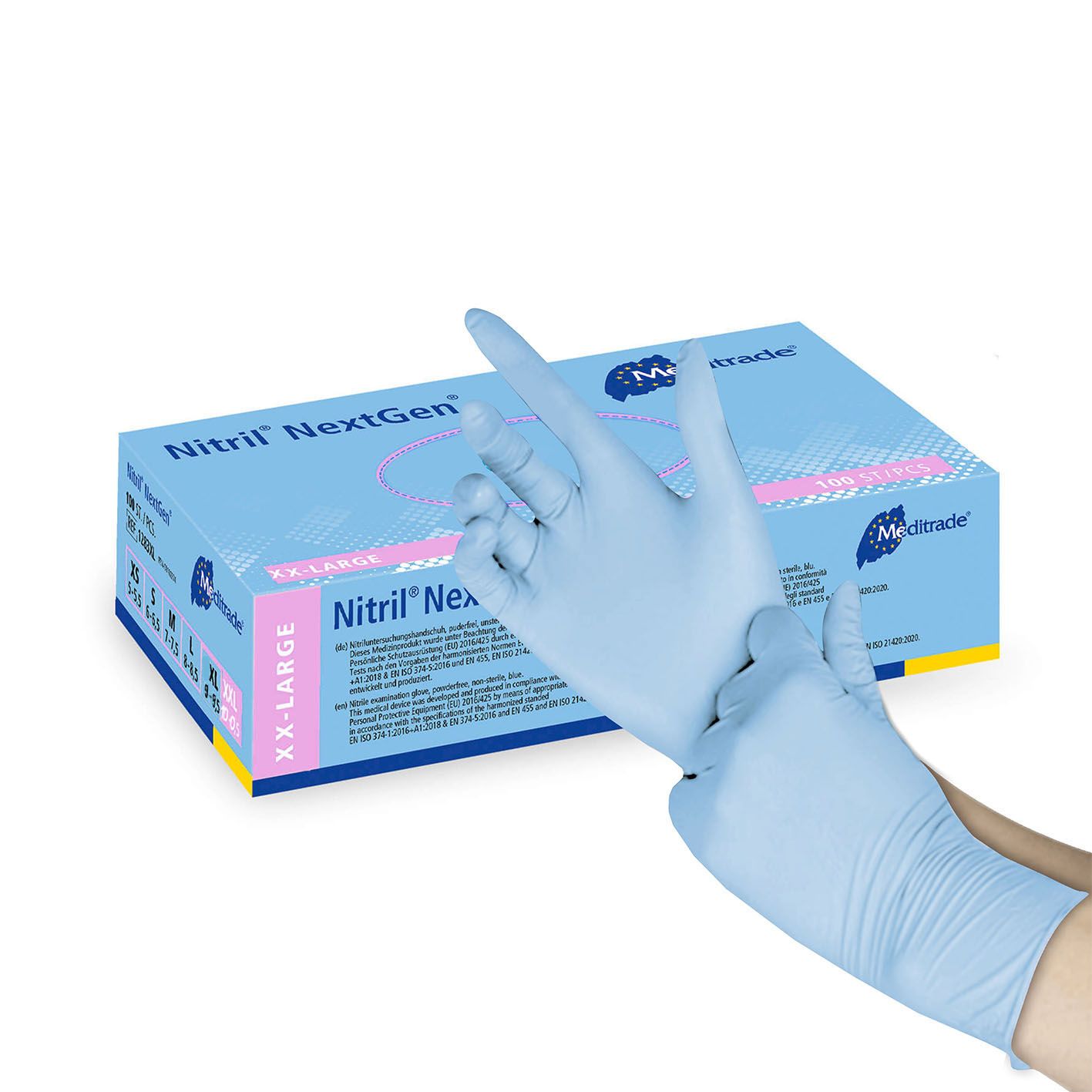 Hände mit hellblauen Nitrilhandschuhen. Im Hintergrund eine Box mit "Nitril NextGen" und Logo. Größe: XX-Large.