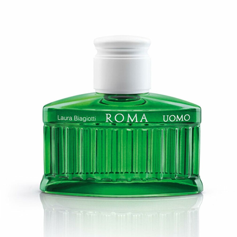 Grünes Parfümflakon mit weißem Verschluss. Aufschrift: ROMA UOMO von Laura Biagiotti.