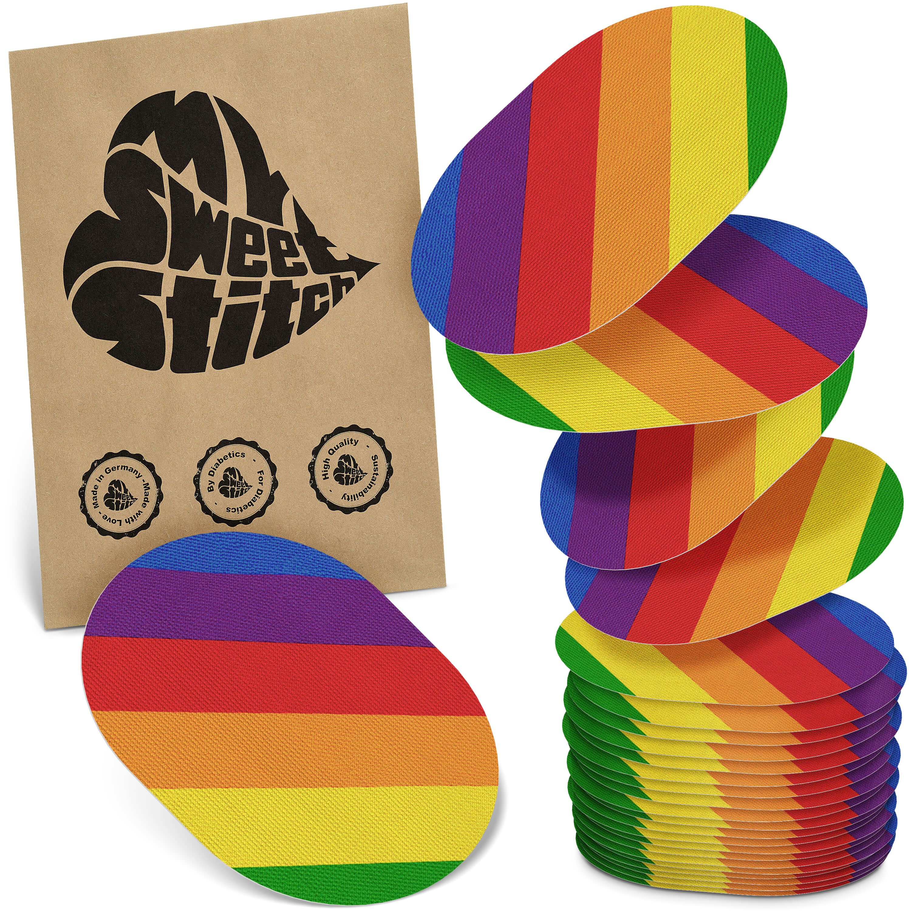 Ovale Pflaster mit Regenbogenstreifen. Braune Papiertüte mit Logo und Siegeln. Stapel von Pflastern, einige lose daneben.