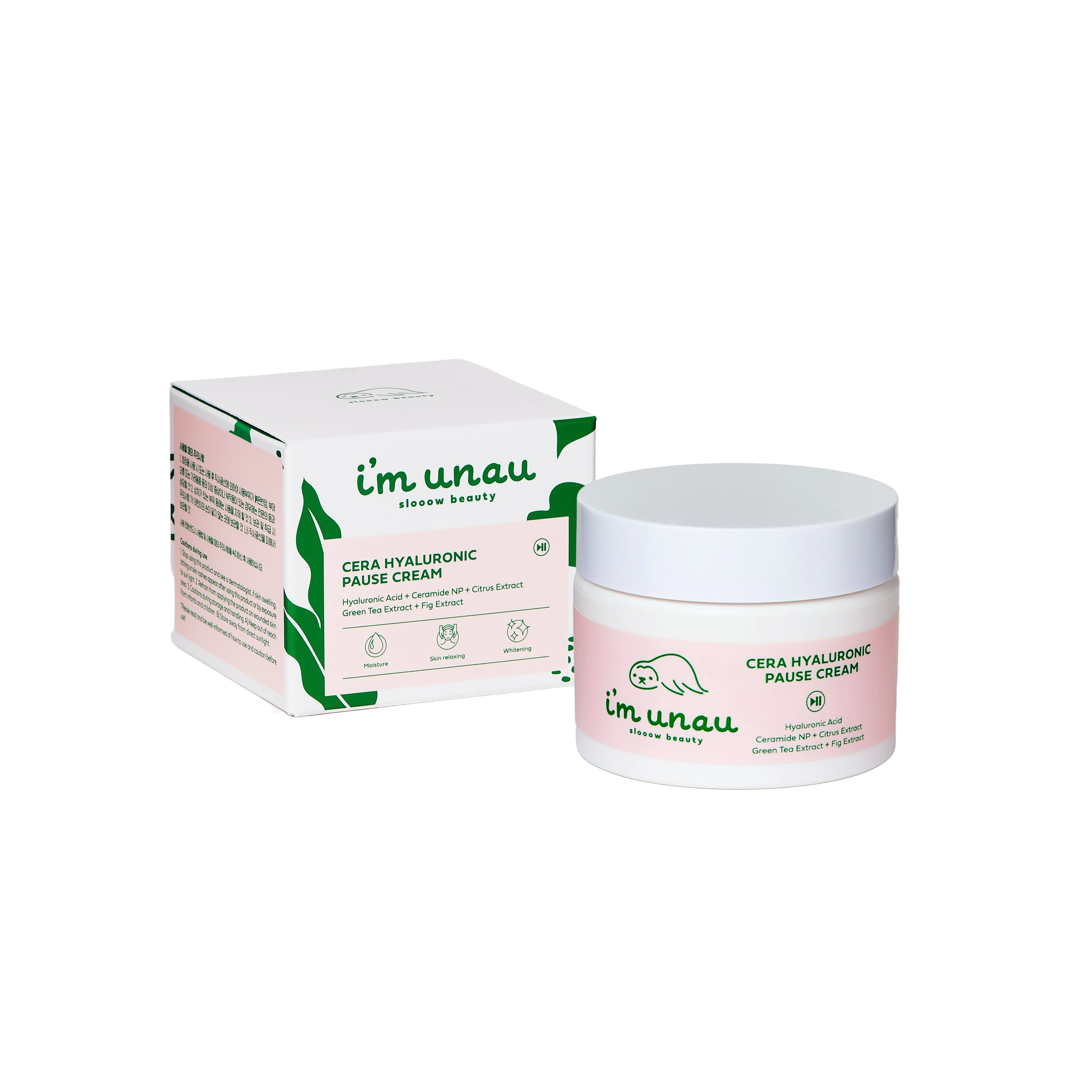 Creme-Tiegel und Verpackung. Aufschrift: i'm unau, Cera Hyaluronic Pause Cream. Inhaltsstoffe: Hyaluronsäure, Ceramide, Grüntee-Extrakt.