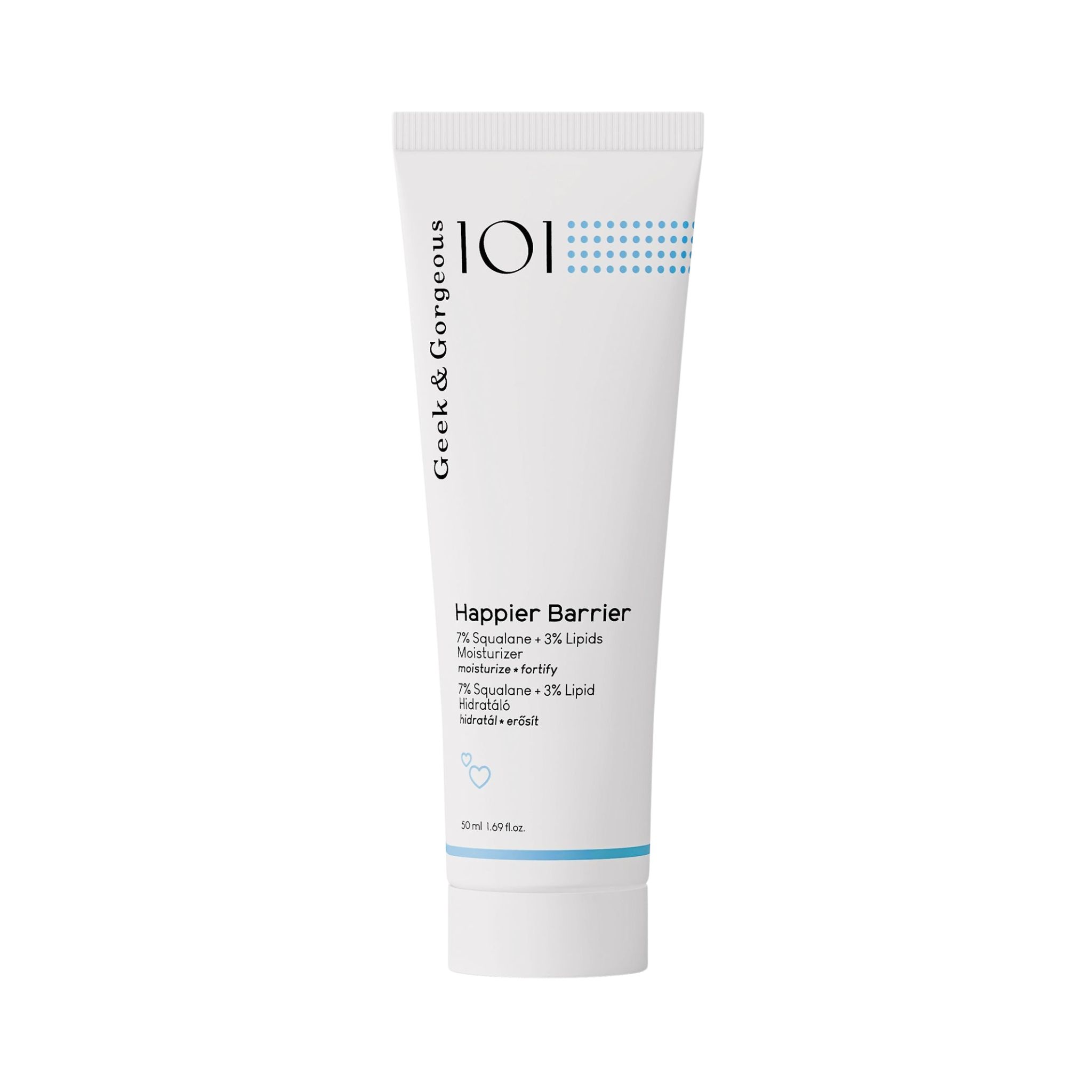 Weiße Tube mit blauem Akzent. Aufschrift: Geek & Gorgeous Happier Barrier. Produktinformationen.