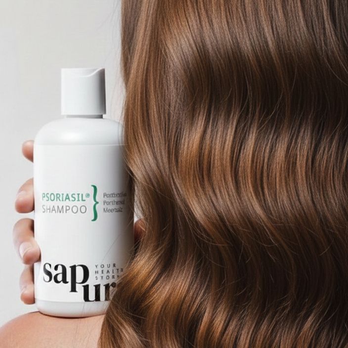 Weiße Shampoo-Flasche mit grüner Schrift. Aufschrift: PSORIASIL SHAMPOO, Postbiotika, Panthenol, Meersalz. Marke: sapura.